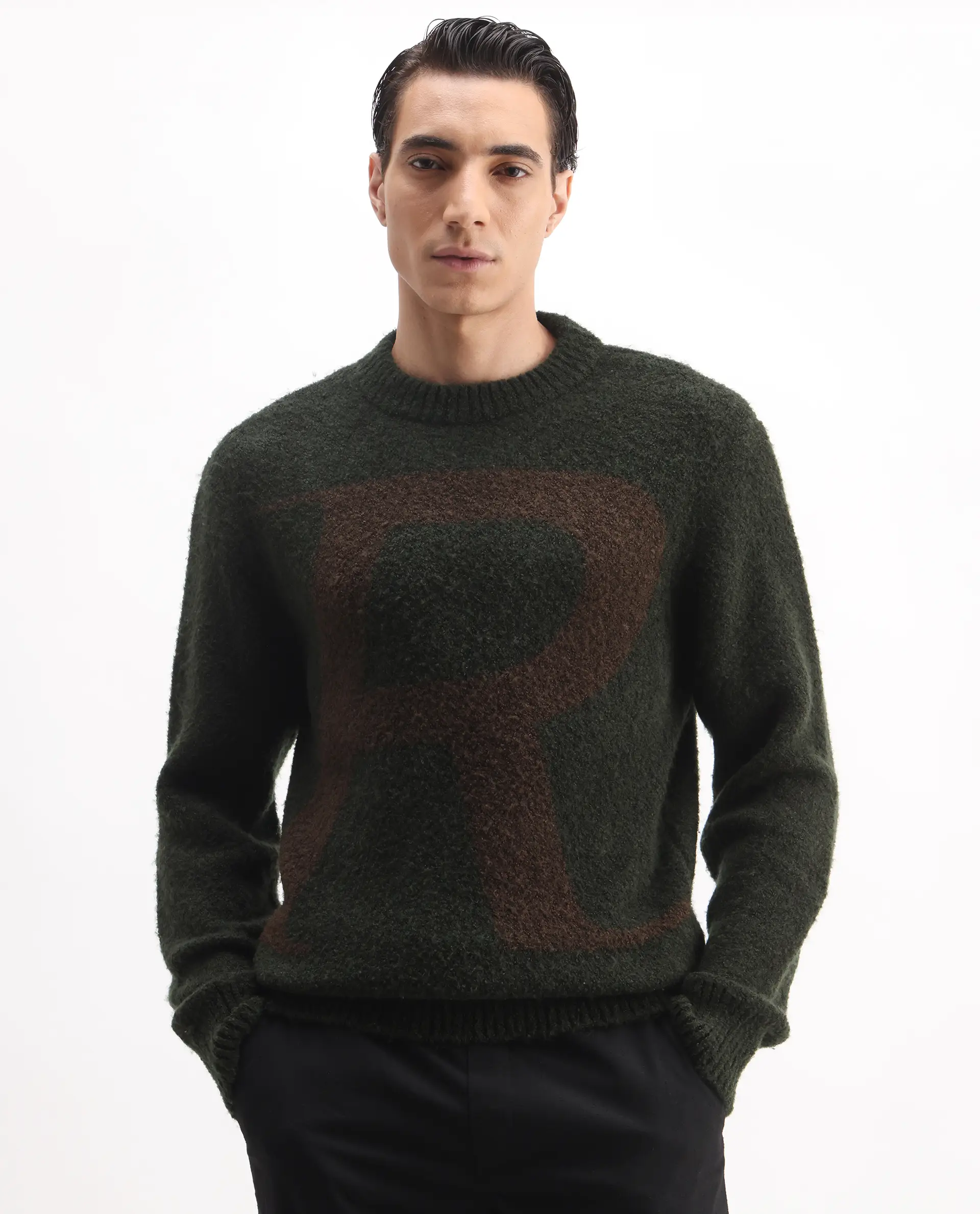 Rare Rabbit Men's Lang Dark Olive Nylon Printed Regular Fit Full Sleeve Crew Neck Sweater - Image 4