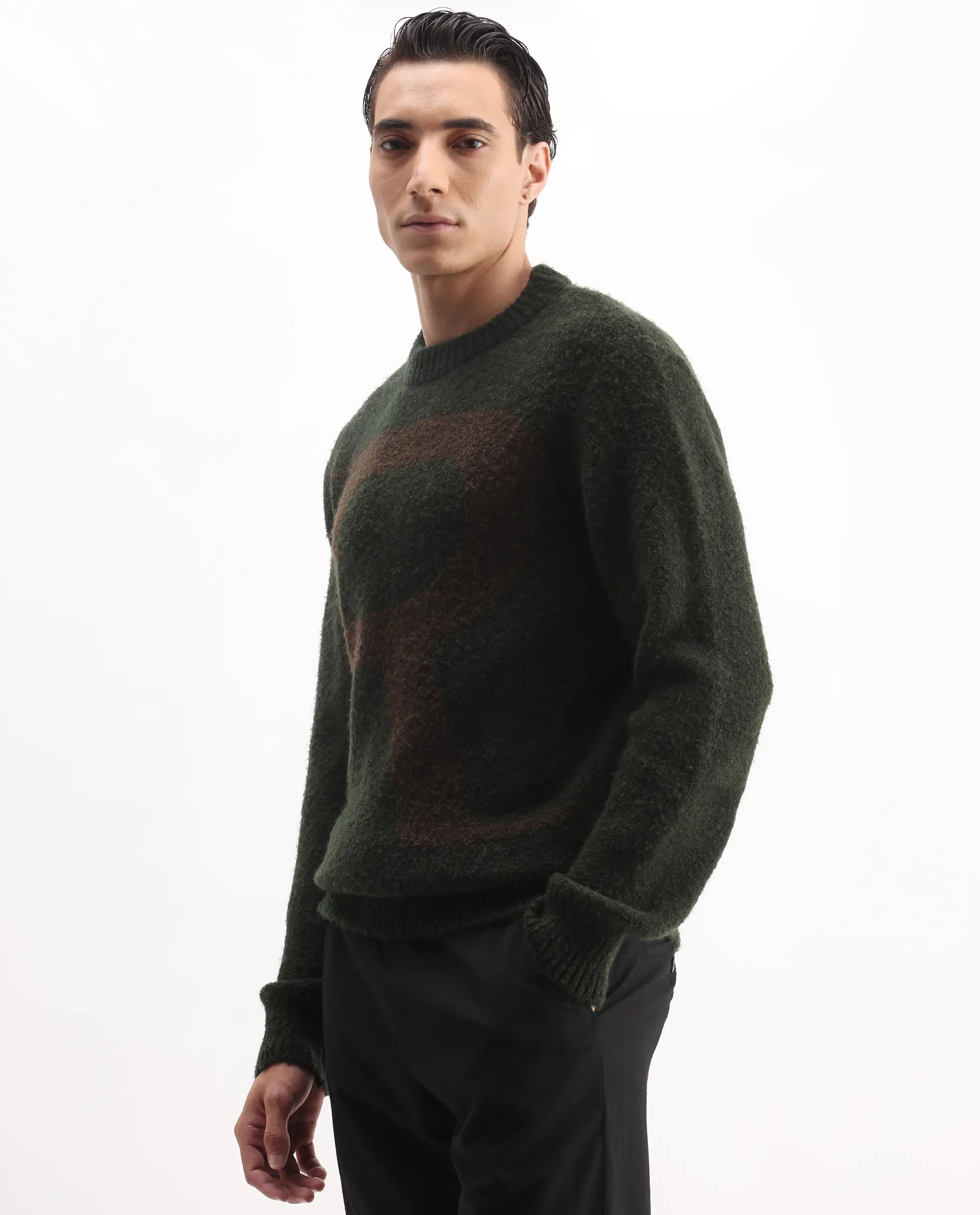 Rare Rabbit Men's Lang Dark Olive Nylon Printed Regular Fit Full Sleeve Crew Neck Sweater - Image 5