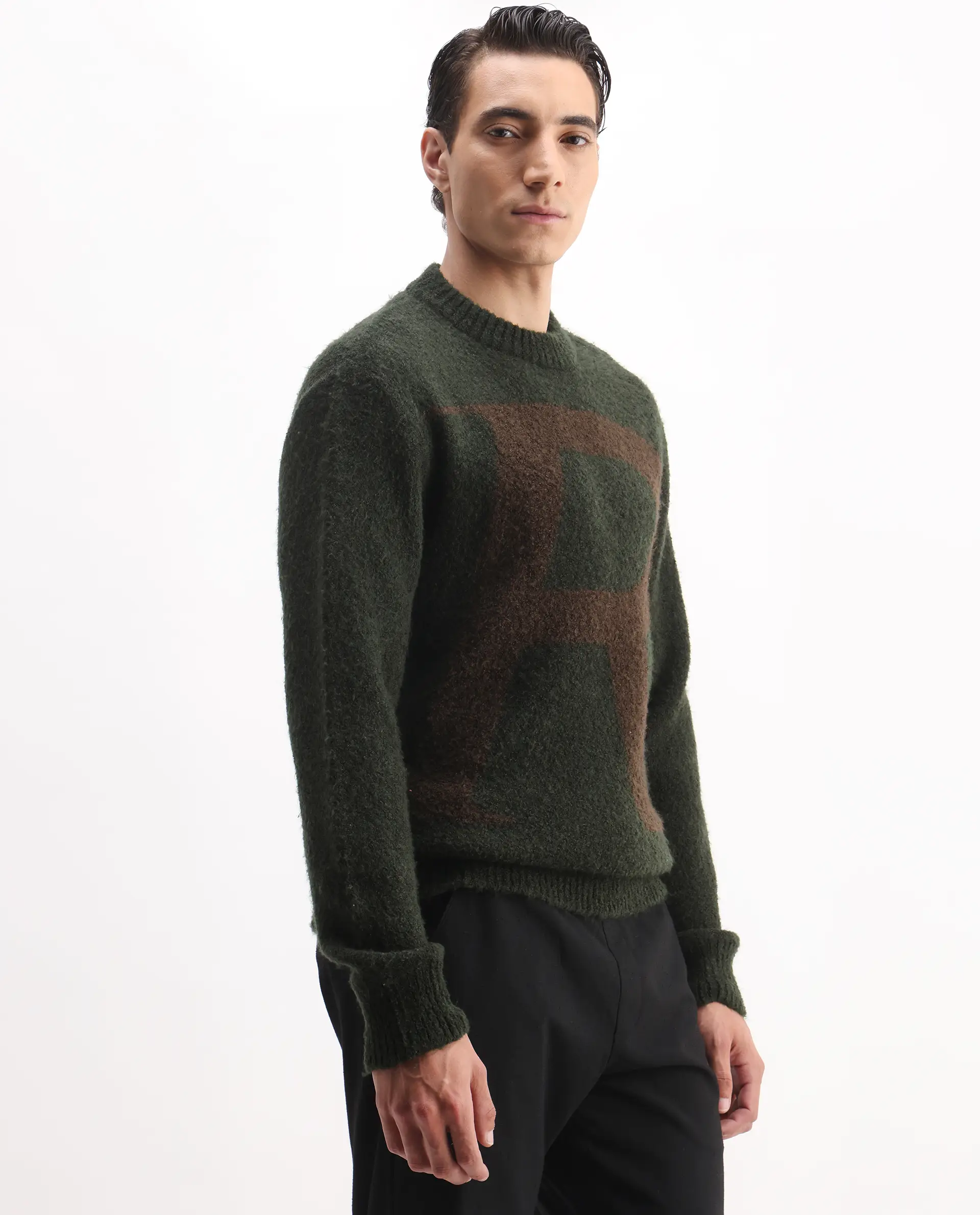 Rare Rabbit Men's Lang Dark Olive Nylon Printed Regular Fit Full Sleeve Crew Neck Sweater - Image 6