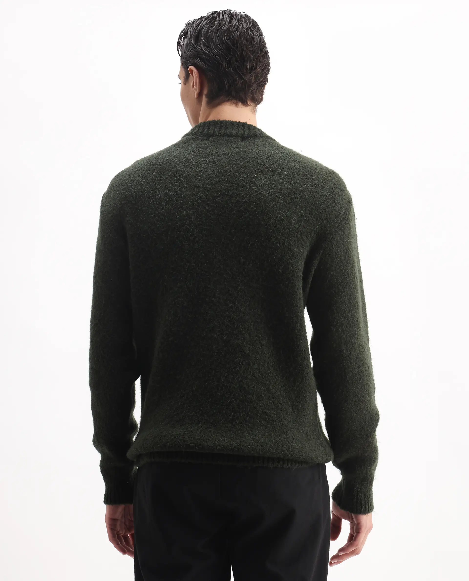 Rare Rabbit Men's Lang Dark Olive Nylon Printed Regular Fit Full Sleeve Crew Neck Sweater - Image 7