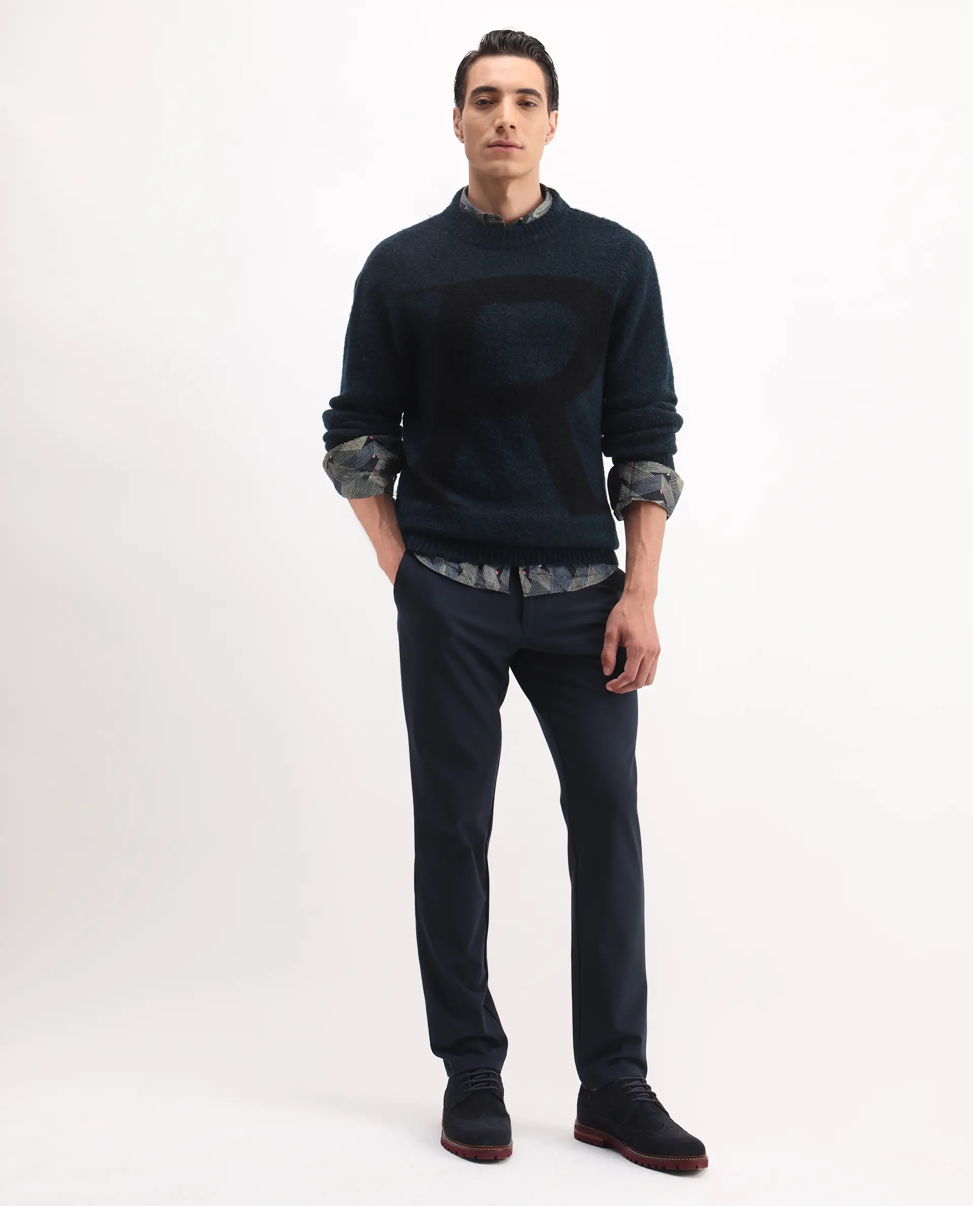 Rare Rabbit Men's Lang Teal Nylon Printed Regular Fit Full Sleeve Crew Neck Sweater - Image 2