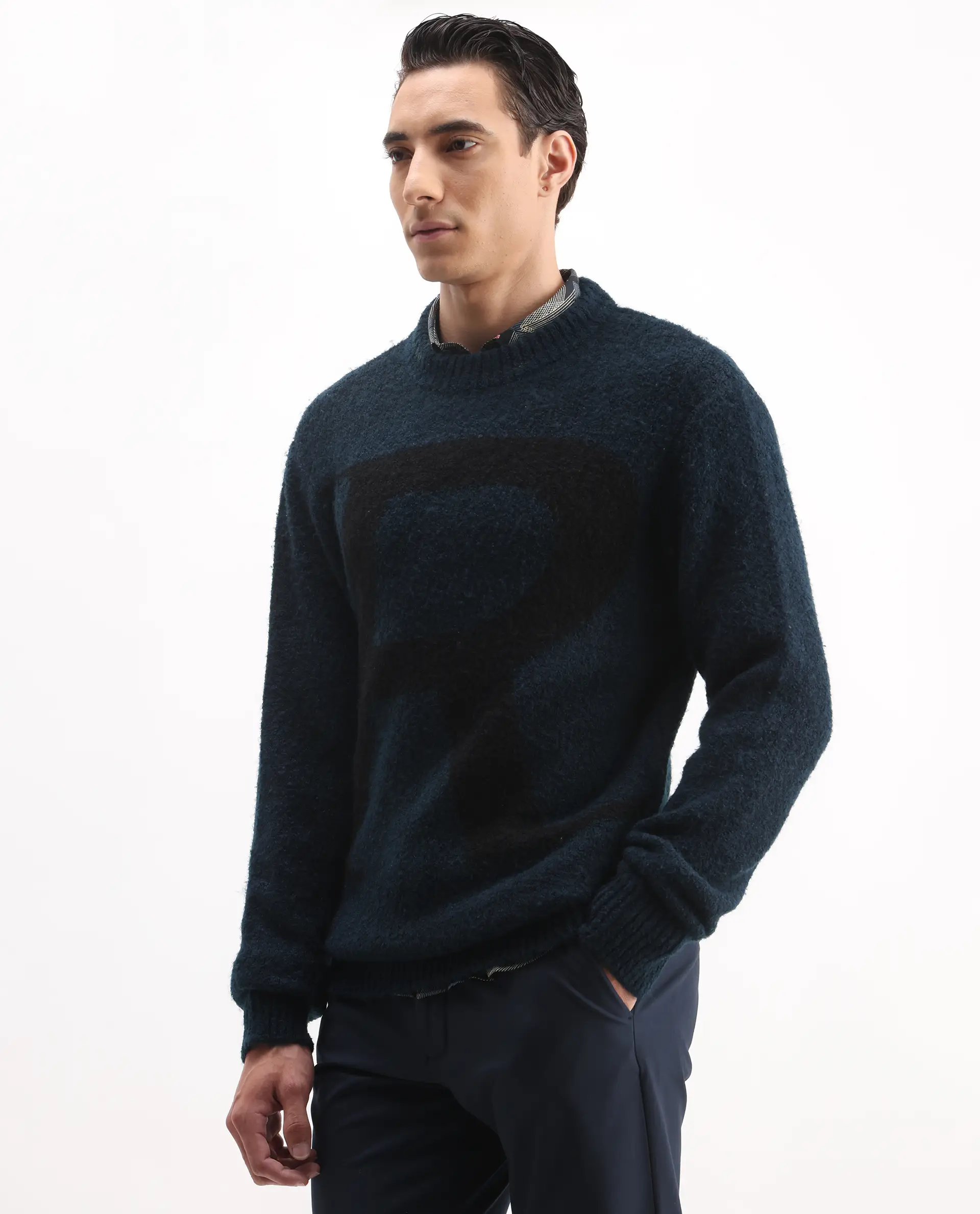 Rare Rabbit Men's Lang Teal Nylon Printed Regular Fit Full Sleeve Crew Neck Sweater - Image 5