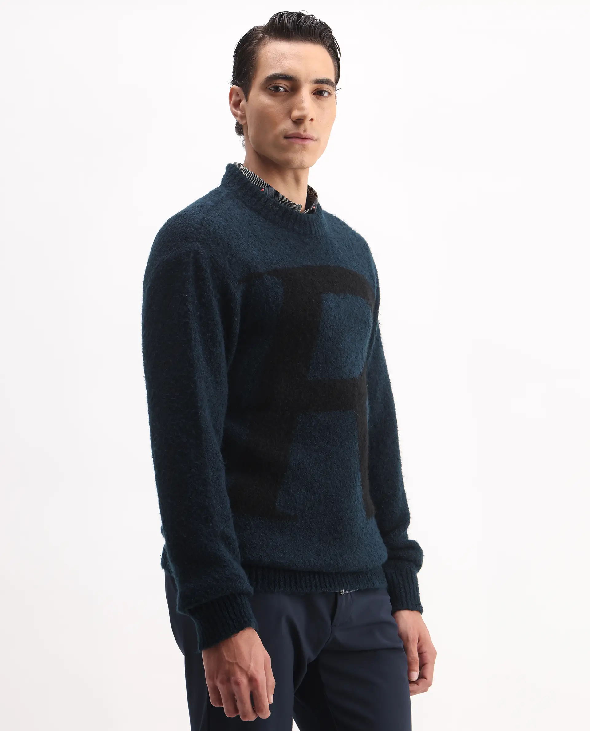 Rare Rabbit Men's Lang Teal Nylon Printed Regular Fit Full Sleeve Crew Neck Sweater - Image 6