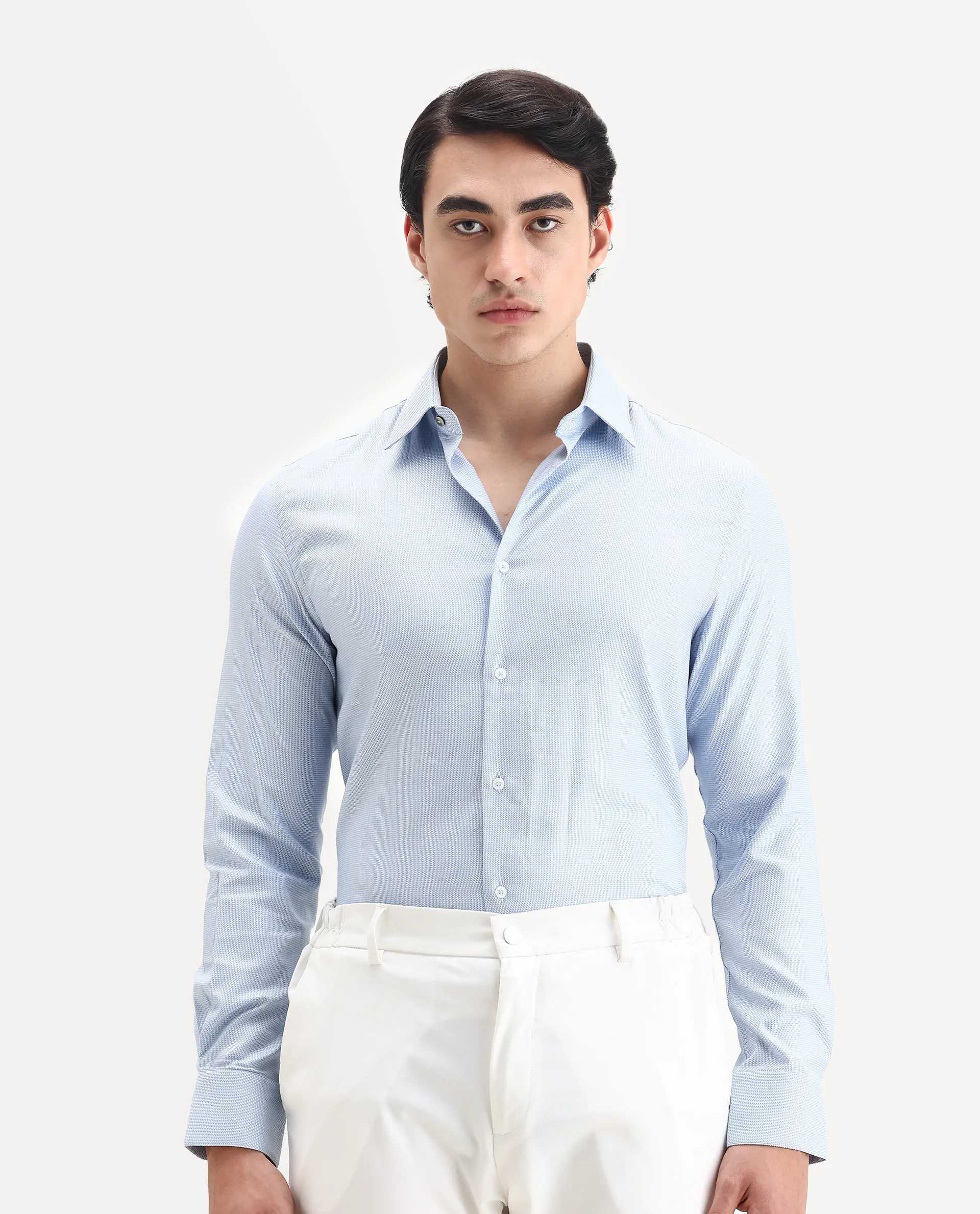 Rare Rabbit Men's Lanic Light Blue Cotton Textured Regular Fit Full Sleeve Collared Shirt - Image 4