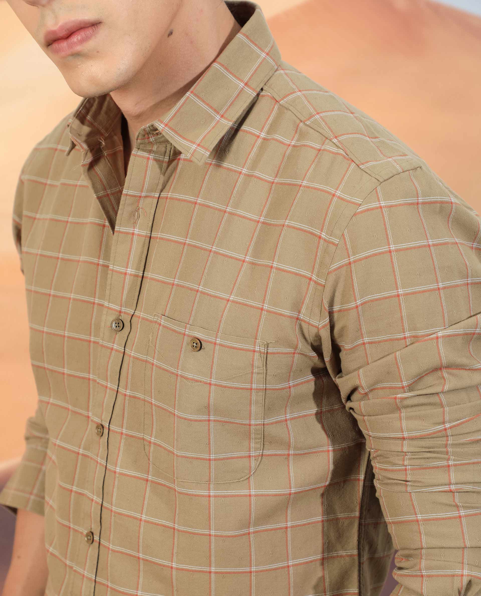 Rare Rabbit Men's Lanny Beige Cotton Checked Print Regular Fit Full Sleeve Collared Shirt - Image 2