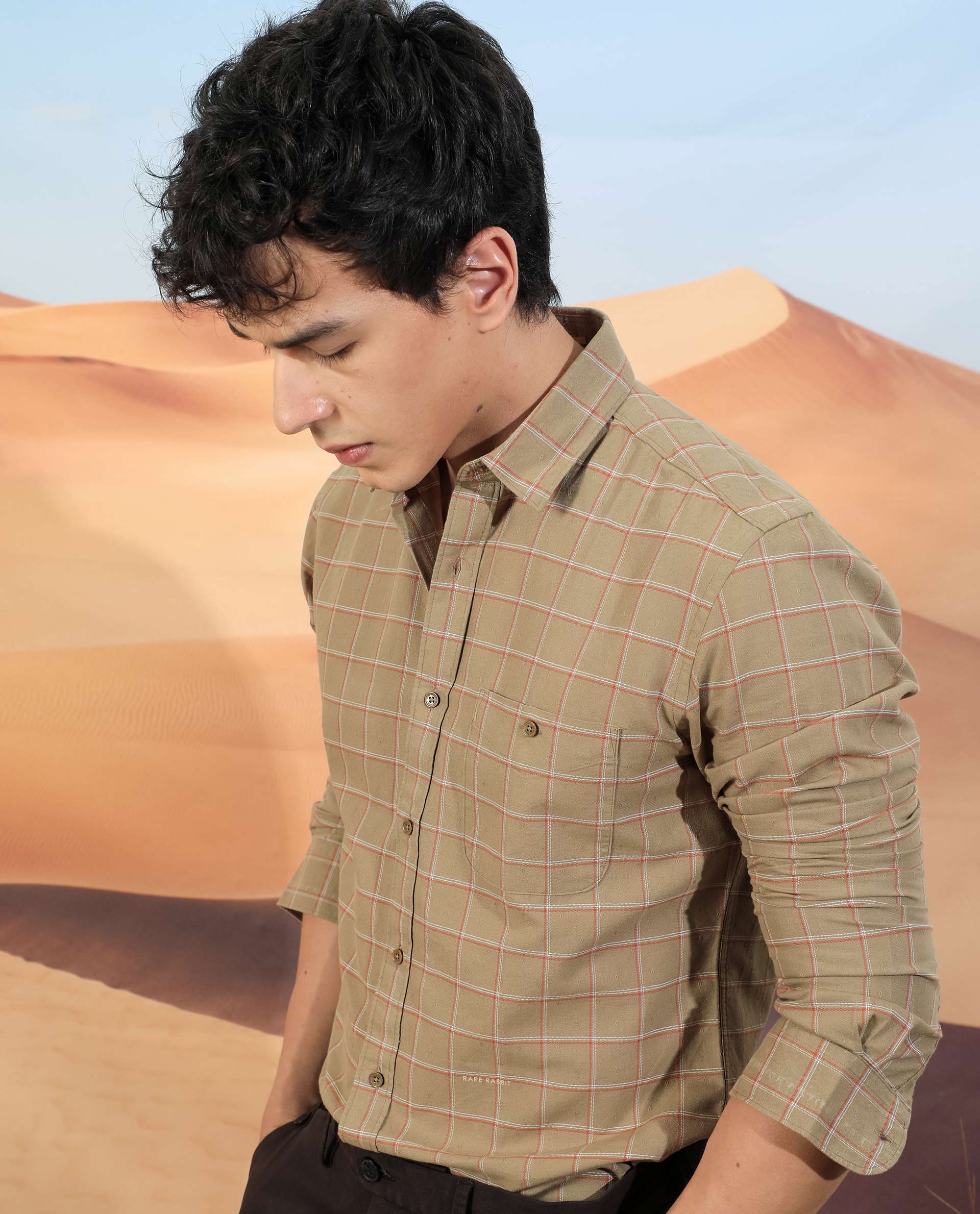 Rare Rabbit Men's Lanny Beige Cotton Checked Print Regular Fit Full Sleeve Collared Shirt - Image 3