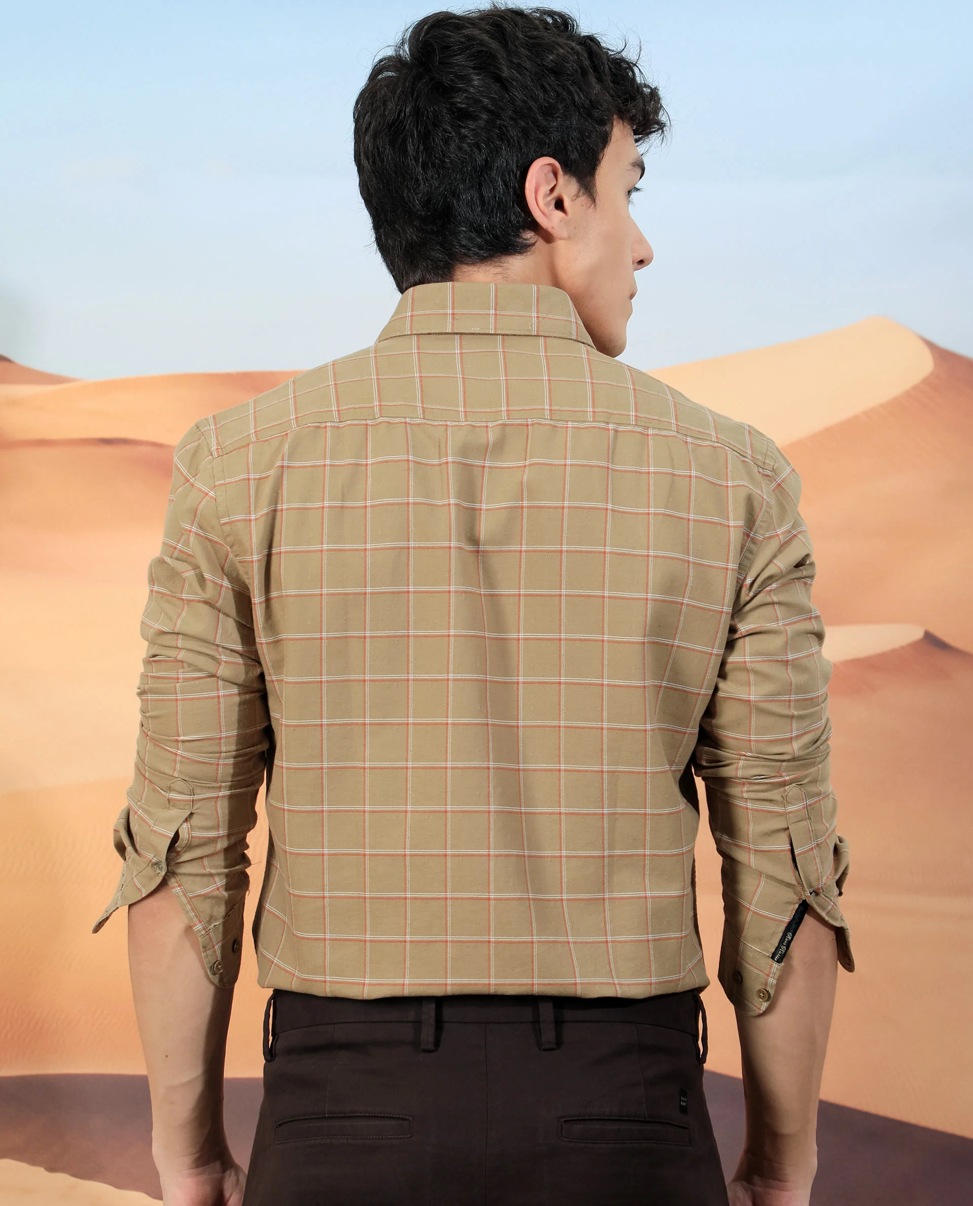 Rare Rabbit Men's Lanny Beige Cotton Checked Print Regular Fit Full Sleeve Collared Shirt - Image 4