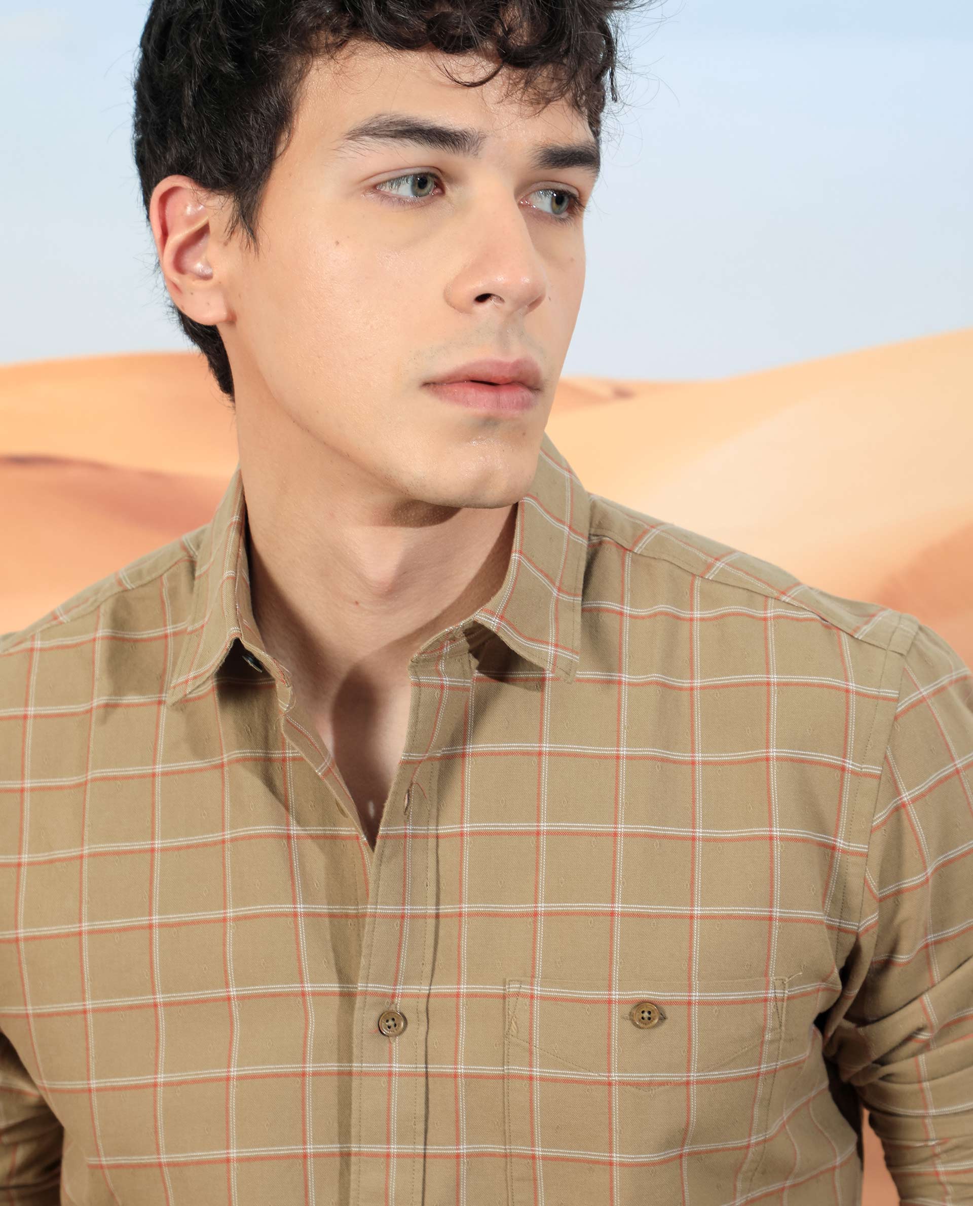 Rare Rabbit Men's Lanny Beige Cotton Checked Print Regular Fit Full Sleeve Collared Shirt - Image 5