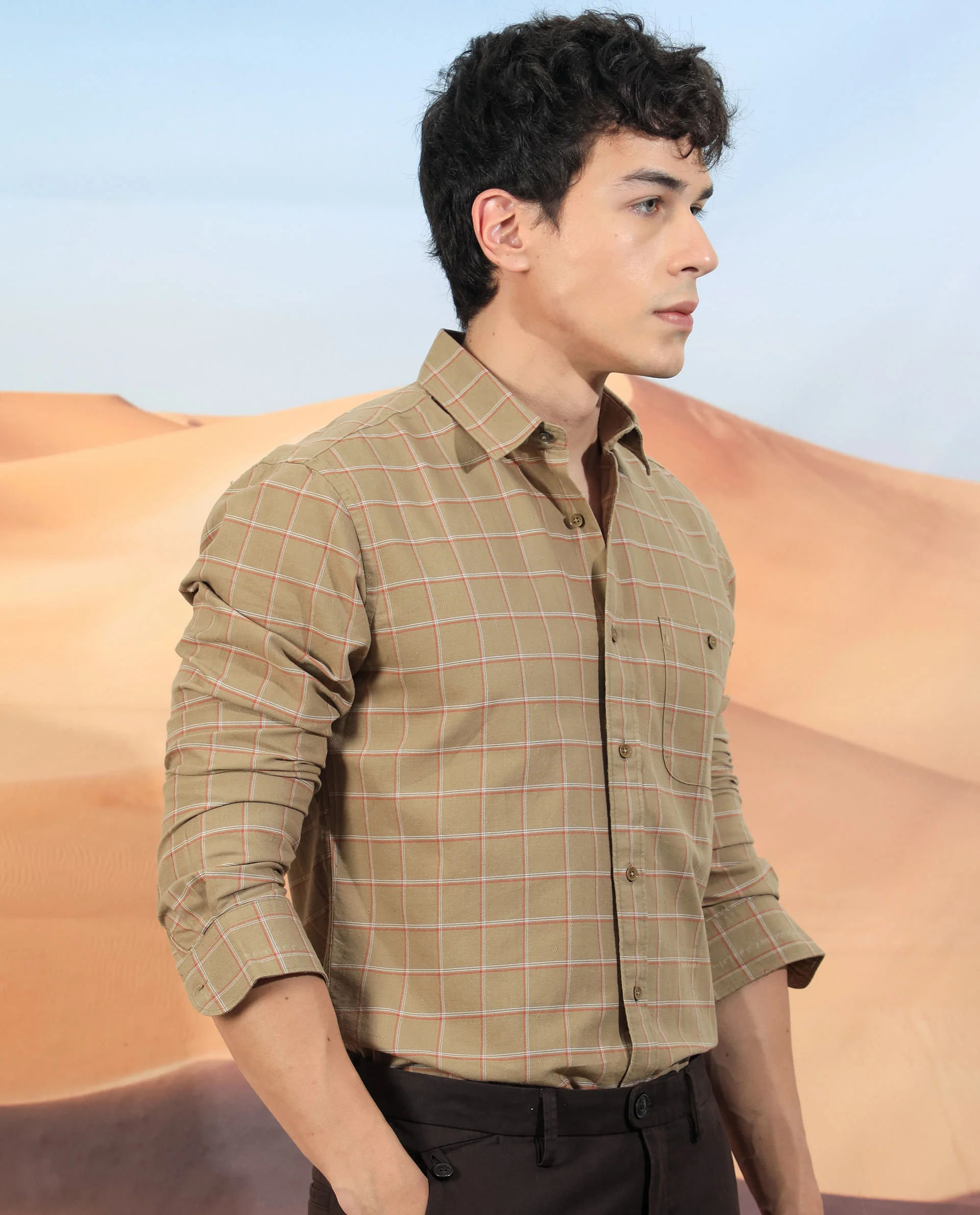 Rare Rabbit Men's Lanny Beige Cotton Checked Print Regular Fit Full Sleeve Collared Shirt - Image 6