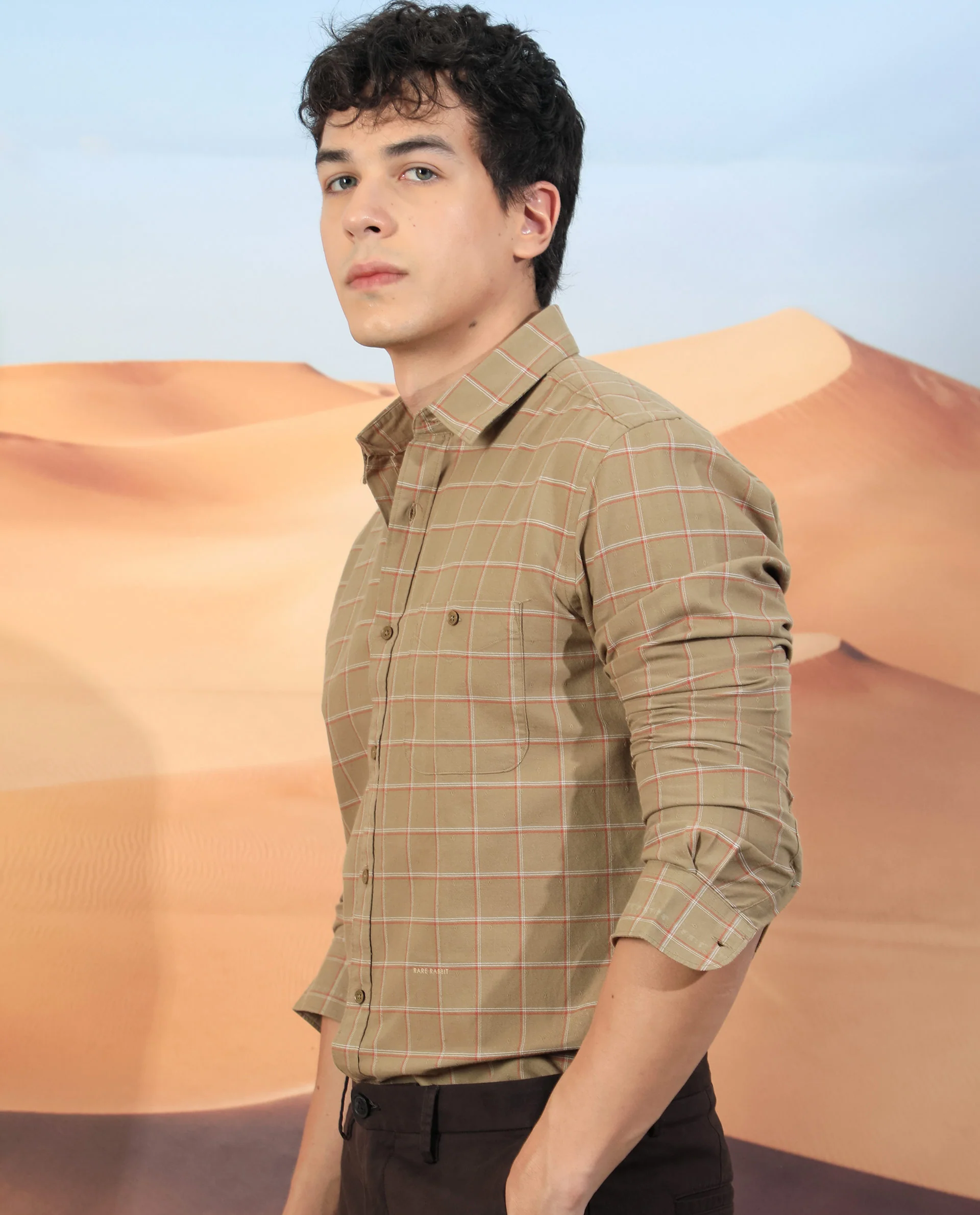Rare Rabbit Men's Lanny Beige Cotton Checked Print Regular Fit Full Sleeve Collared Shirt - Image 7