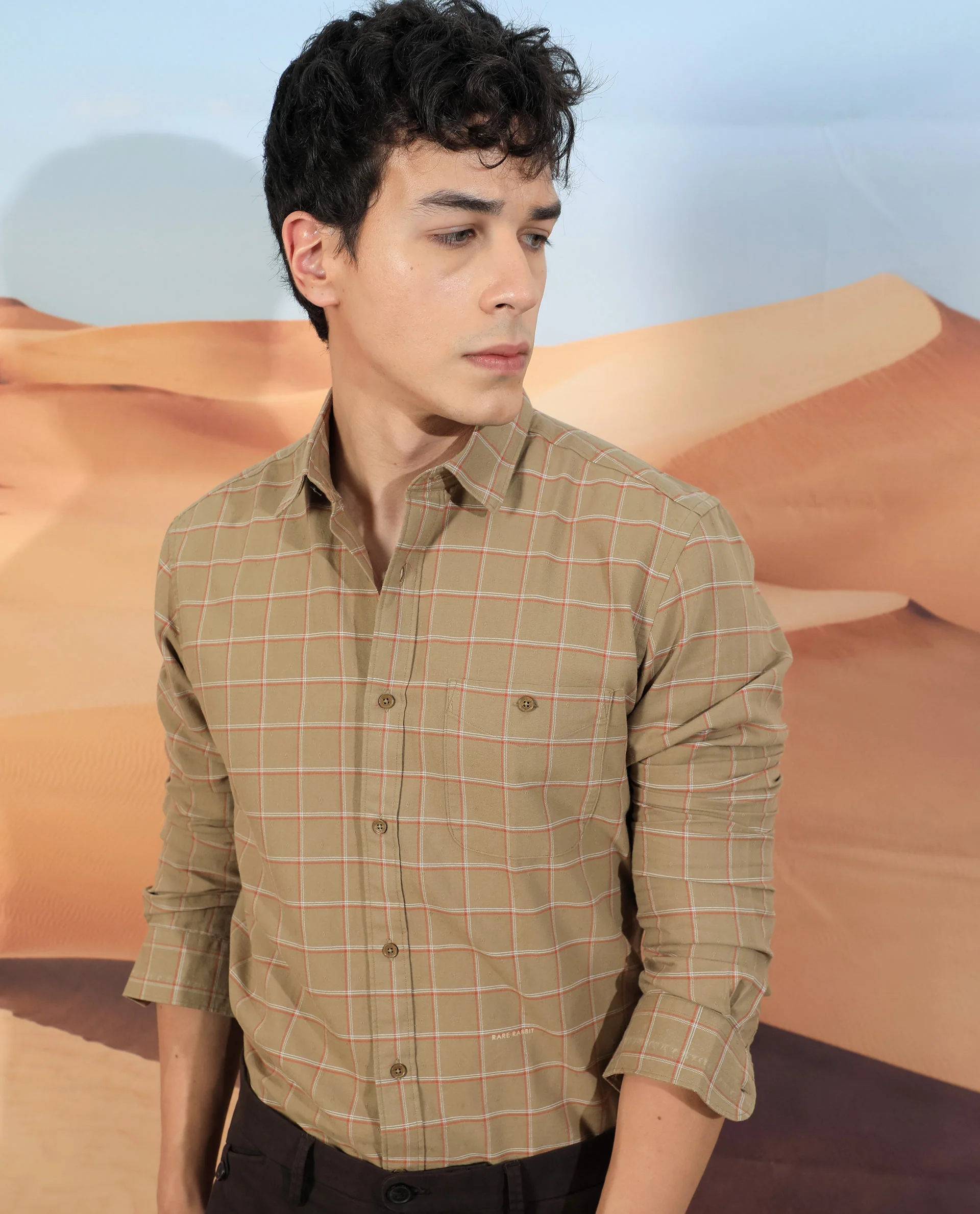 Rare Rabbit Men's Lanny Beige Cotton Checked Print Regular Fit Full Sleeve Collared Shirt - Image 8