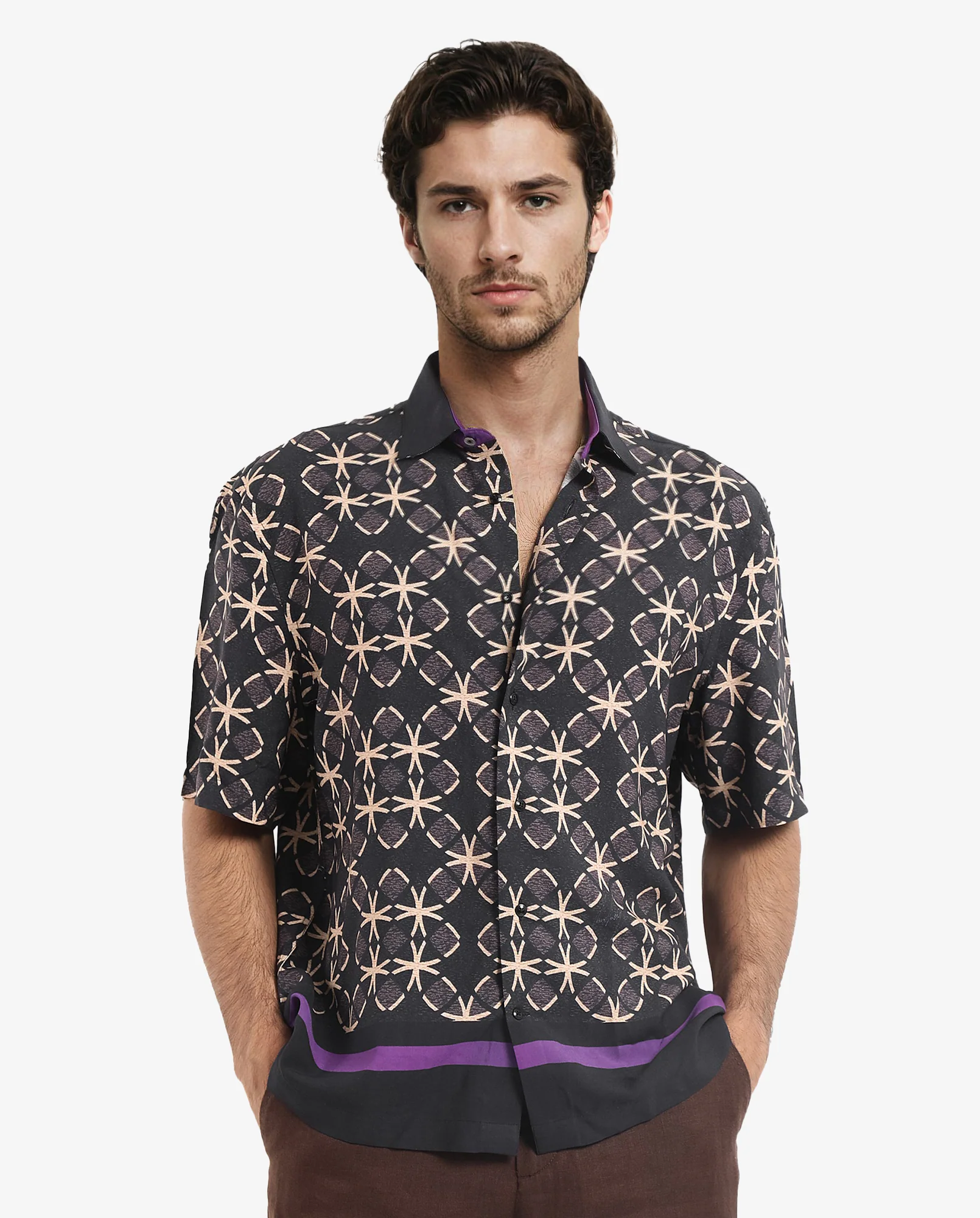 Rare Rabbit Men's Lanre Black Viscose Geometric Print Boxy Fit Half Sleeve Collared Shirt