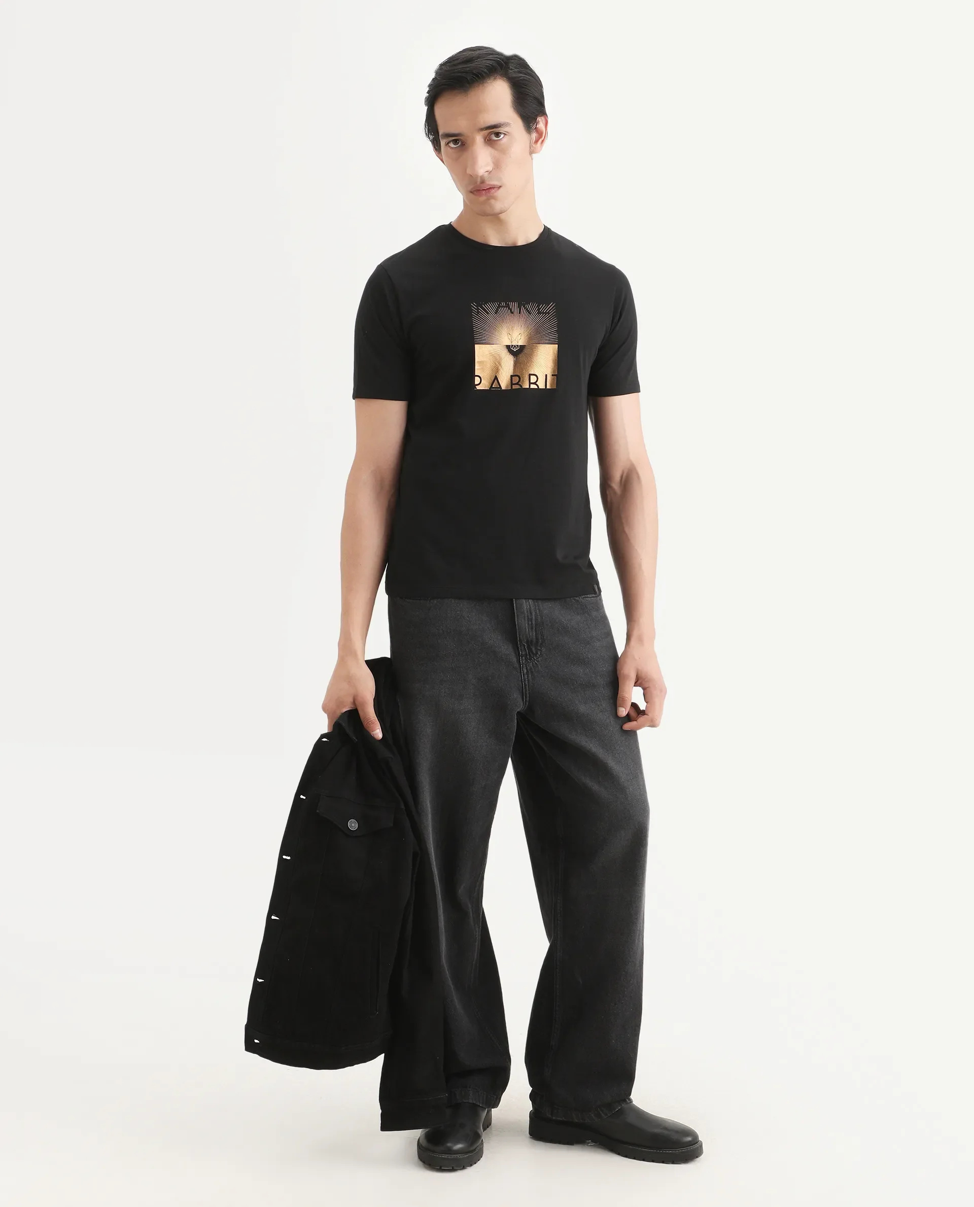 Rare Rabbit Men's Lant Black Cotton Blend Fabric Half Sleeve Crew Neck Regular Fit Graphic Print T-Shirt - Image 2