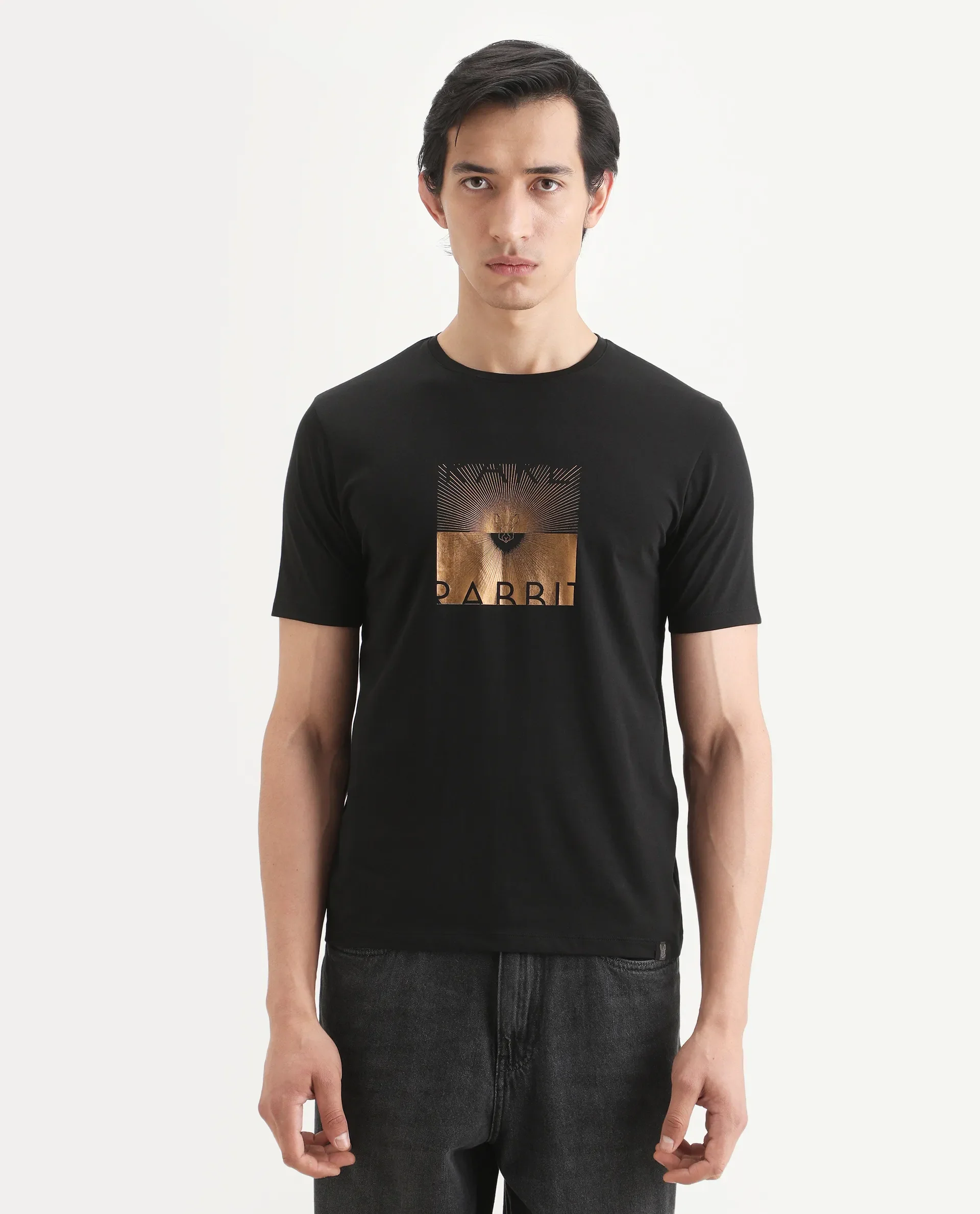 Rare Rabbit Men's Lant Black Cotton Blend Fabric Half Sleeve Crew Neck Regular Fit Graphic Print T-Shirt - Image 3