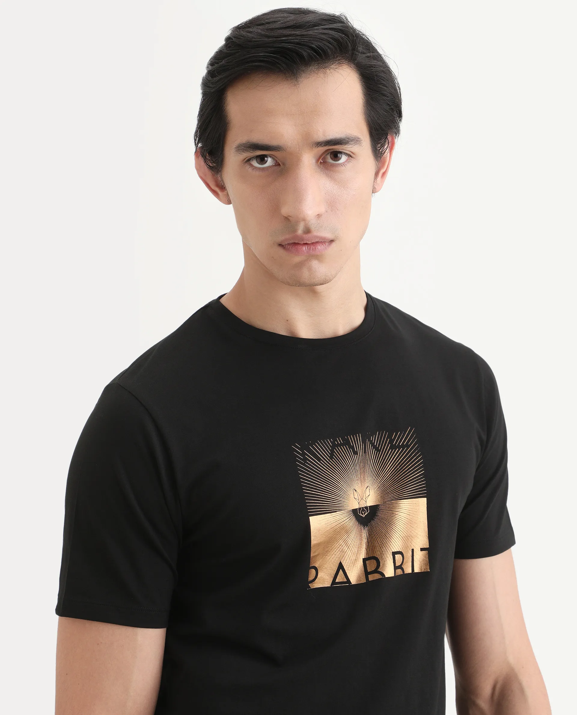 Rare Rabbit Men's Lant Black Cotton Blend Fabric Half Sleeve Crew Neck Regular Fit Graphic Print T-Shirt - Image 5