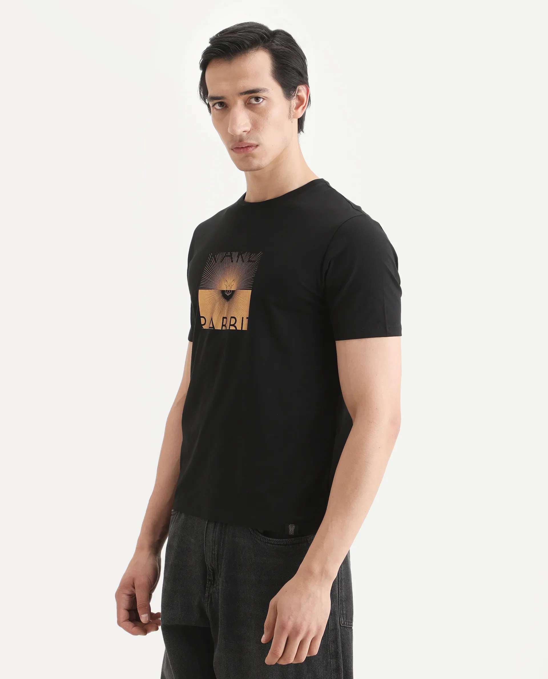 Rare Rabbit Men's Lant Black Cotton Blend Fabric Half Sleeve Crew Neck Regular Fit Graphic Print T-Shirt - Image 6