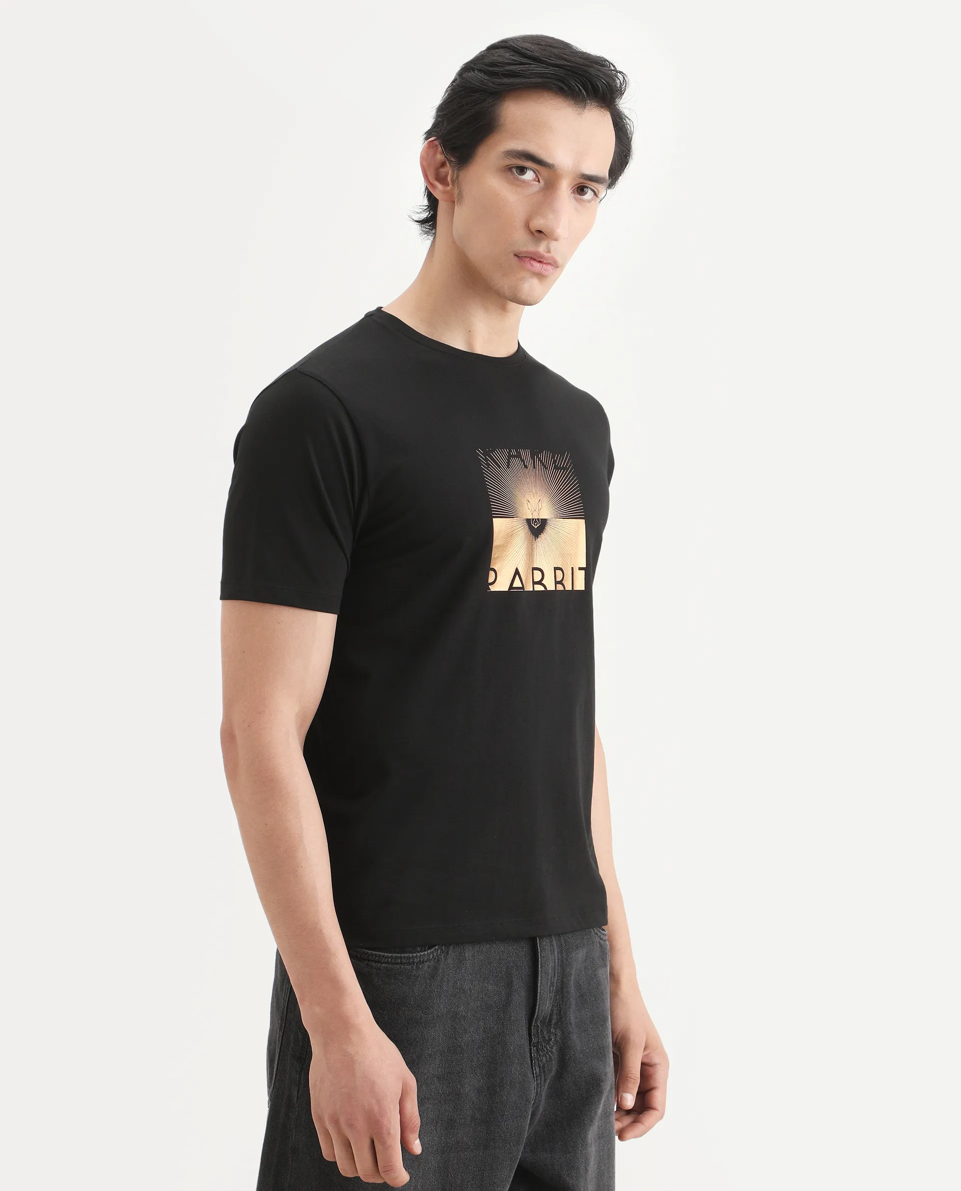 Rare Rabbit Men's Lant Black Cotton Blend Fabric Half Sleeve Crew Neck Regular Fit Graphic Print T-Shirt - Image 7