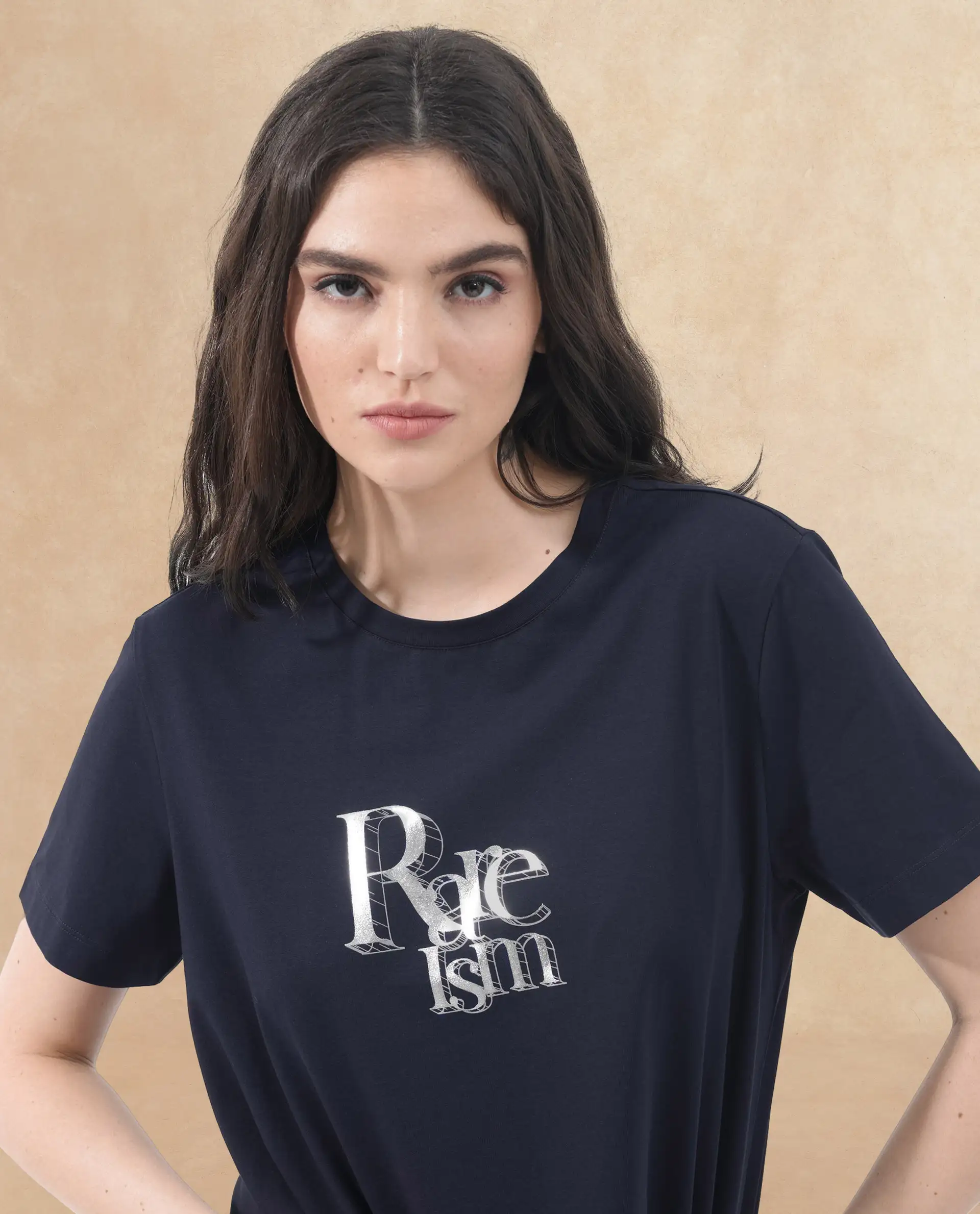Rareism Women's Lany Dark Navy Cotton Blend Crew Neck Graphic Print Regular Fit T-Shirt - Image 2