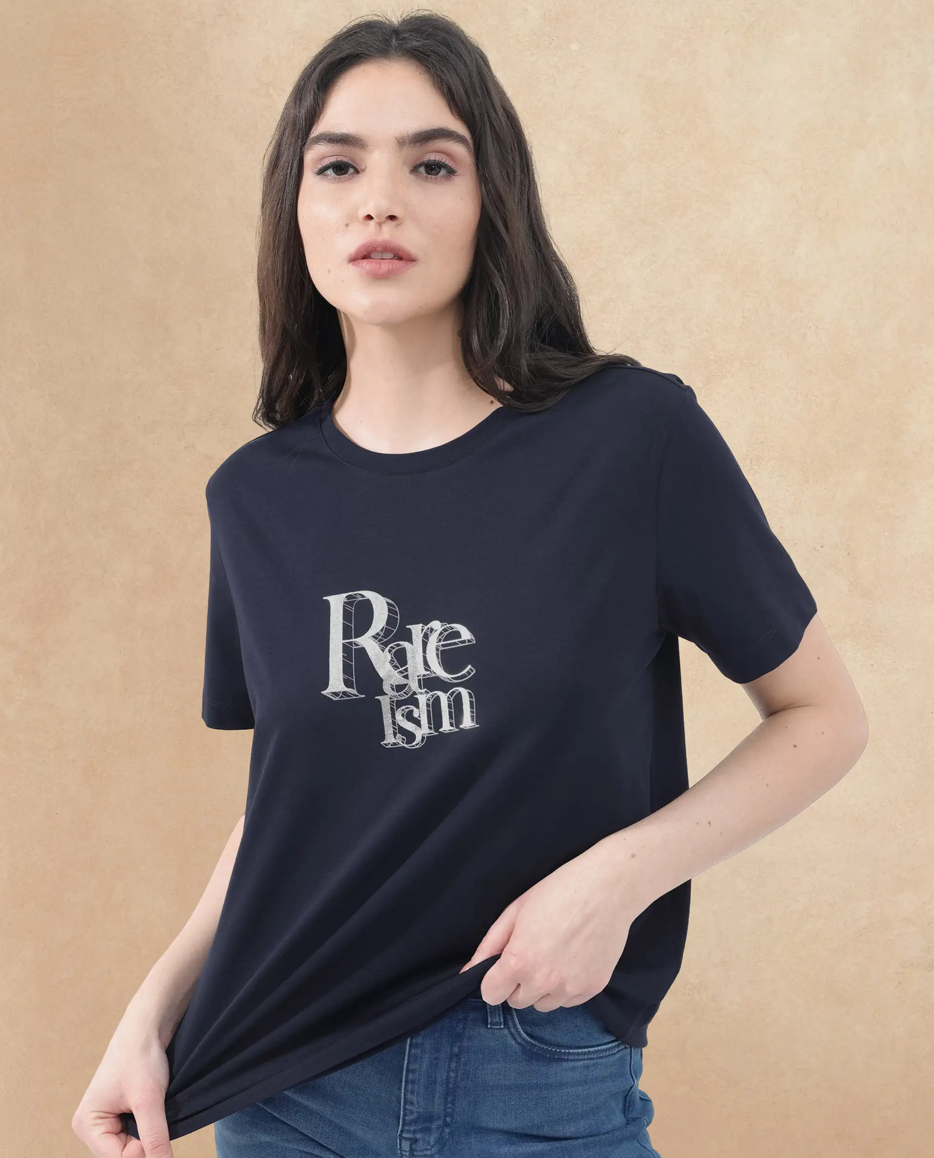Rareism Women's Lany Dark Navy Cotton Blend Crew Neck Graphic Print Regular Fit T-Shirt - Image 4