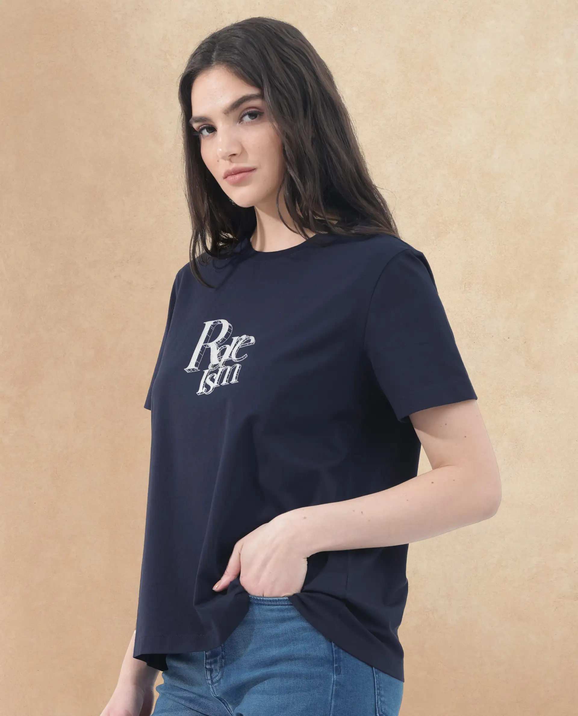 Rareism Women's Lany Dark Navy Cotton Blend Crew Neck Graphic Print Regular Fit T-Shirt - Image 5