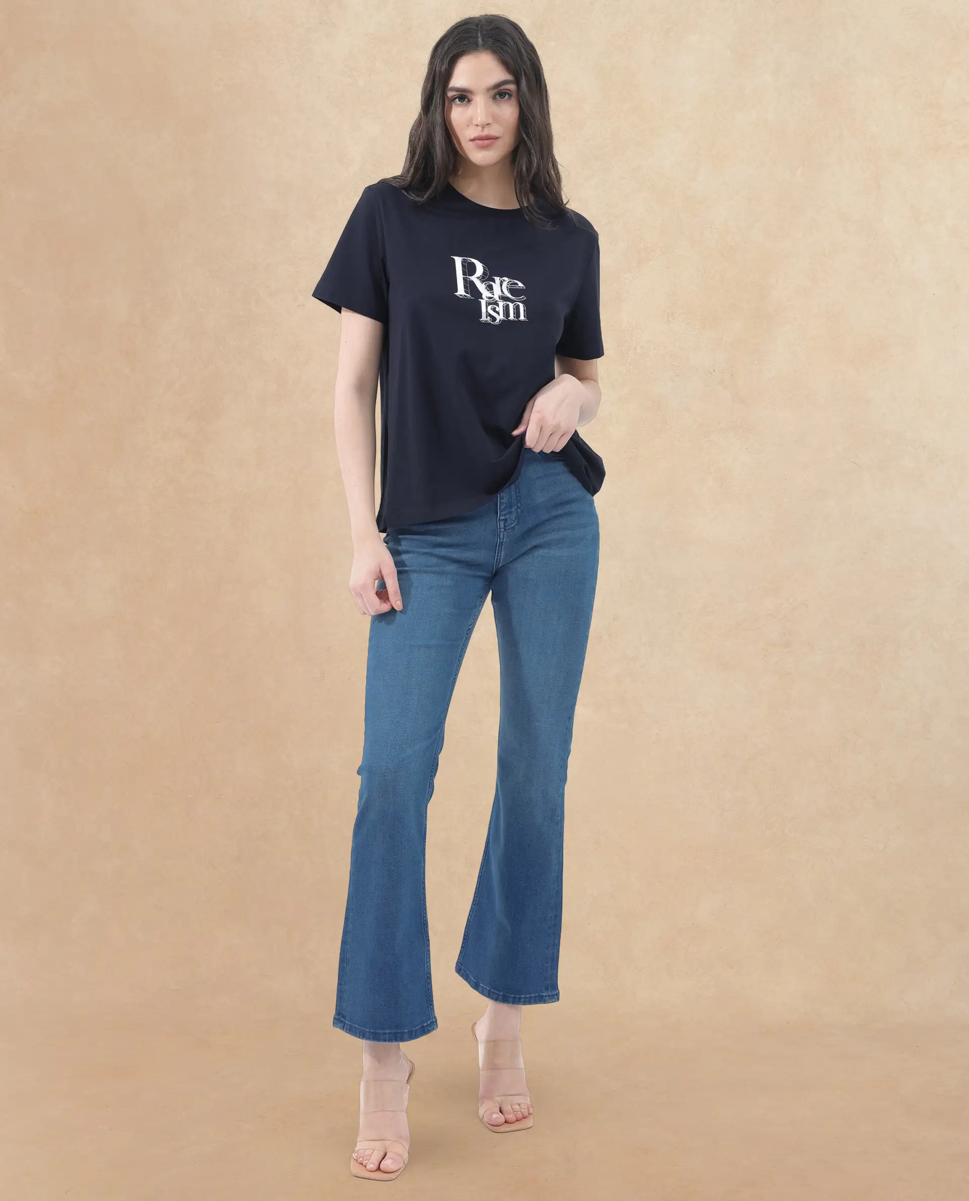Rareism Women's Lany Dark Navy Cotton Blend Crew Neck Graphic Print Regular Fit T-Shirt - Image 6
