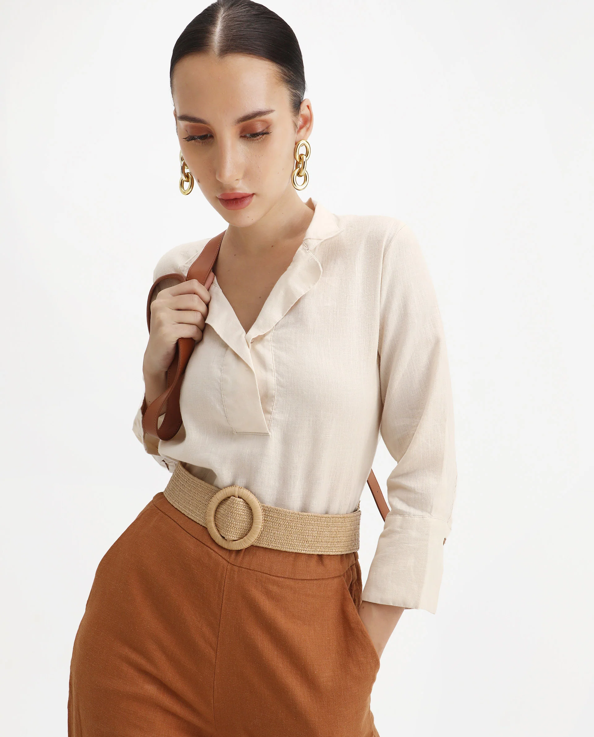 Rareism Women's Laos Pastel Beige Cotton Blend V-Neck Plain Regular Fit Top - Image 4