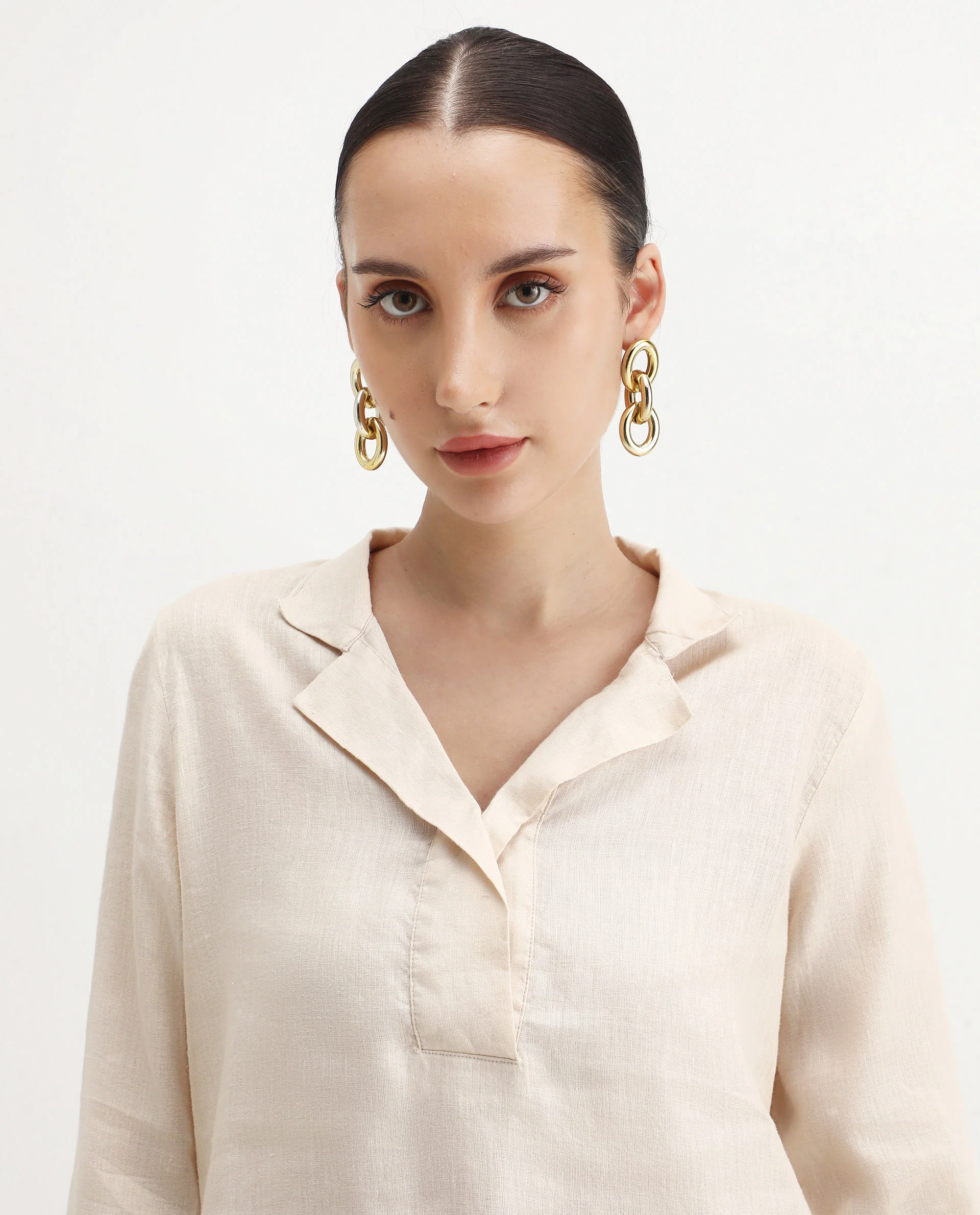 Rareism Women's Laos Pastel Beige Cotton Blend V-Neck Plain Regular Fit Top - Image 5