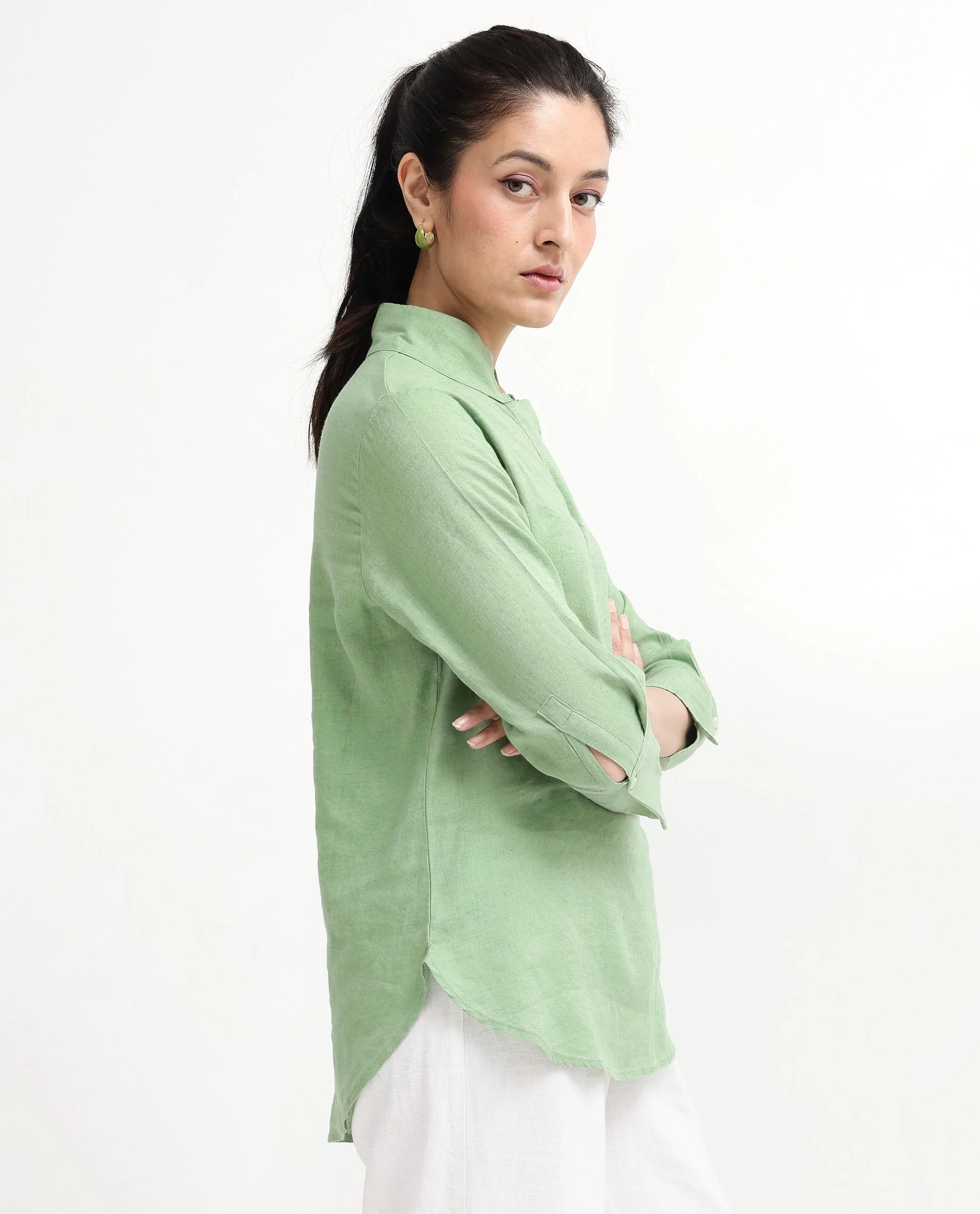 Rareism Women's Laos Pastel Green Cotton Blend V-Neck Plain Regular Fit Top - Image 3