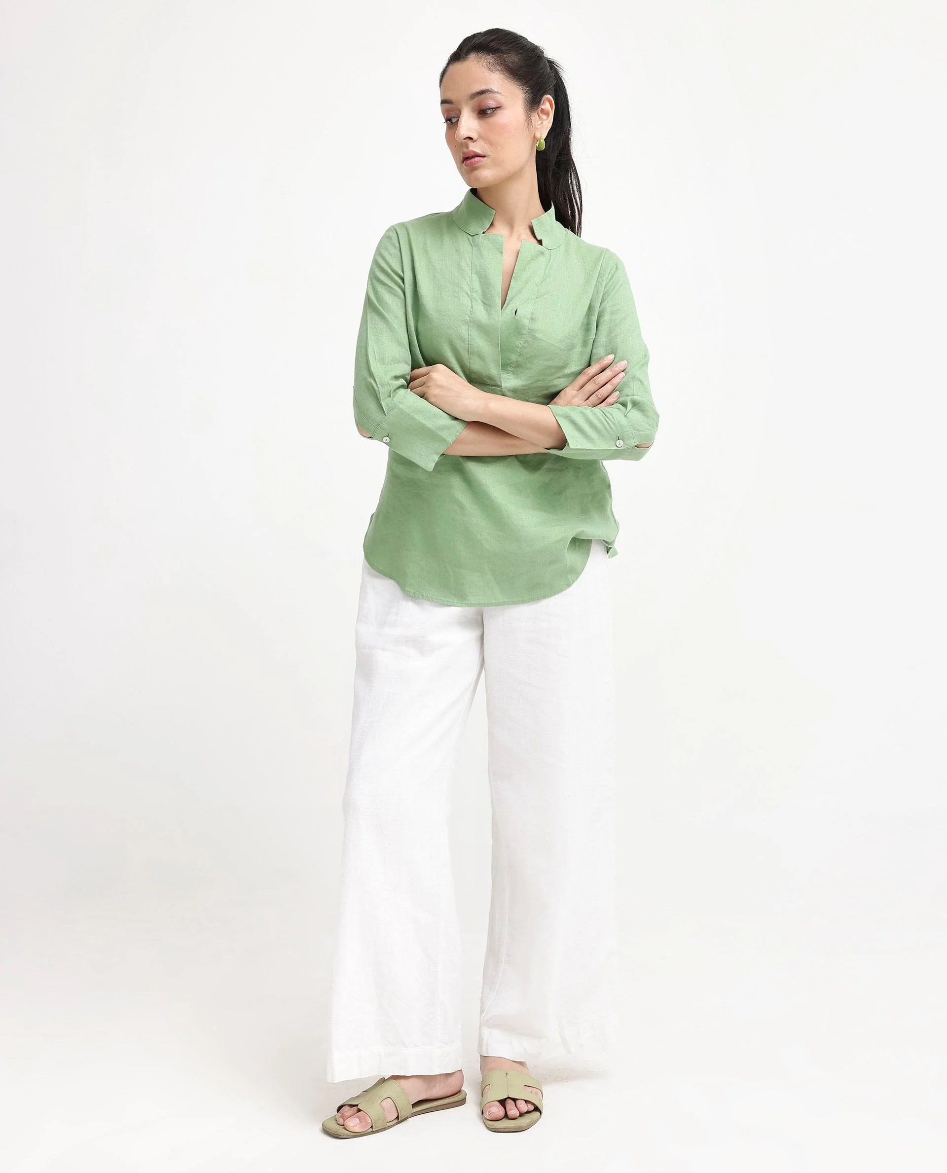 Rareism Women's Laos Pastel Green Cotton Blend V-Neck Plain Regular Fit Top - Image 6