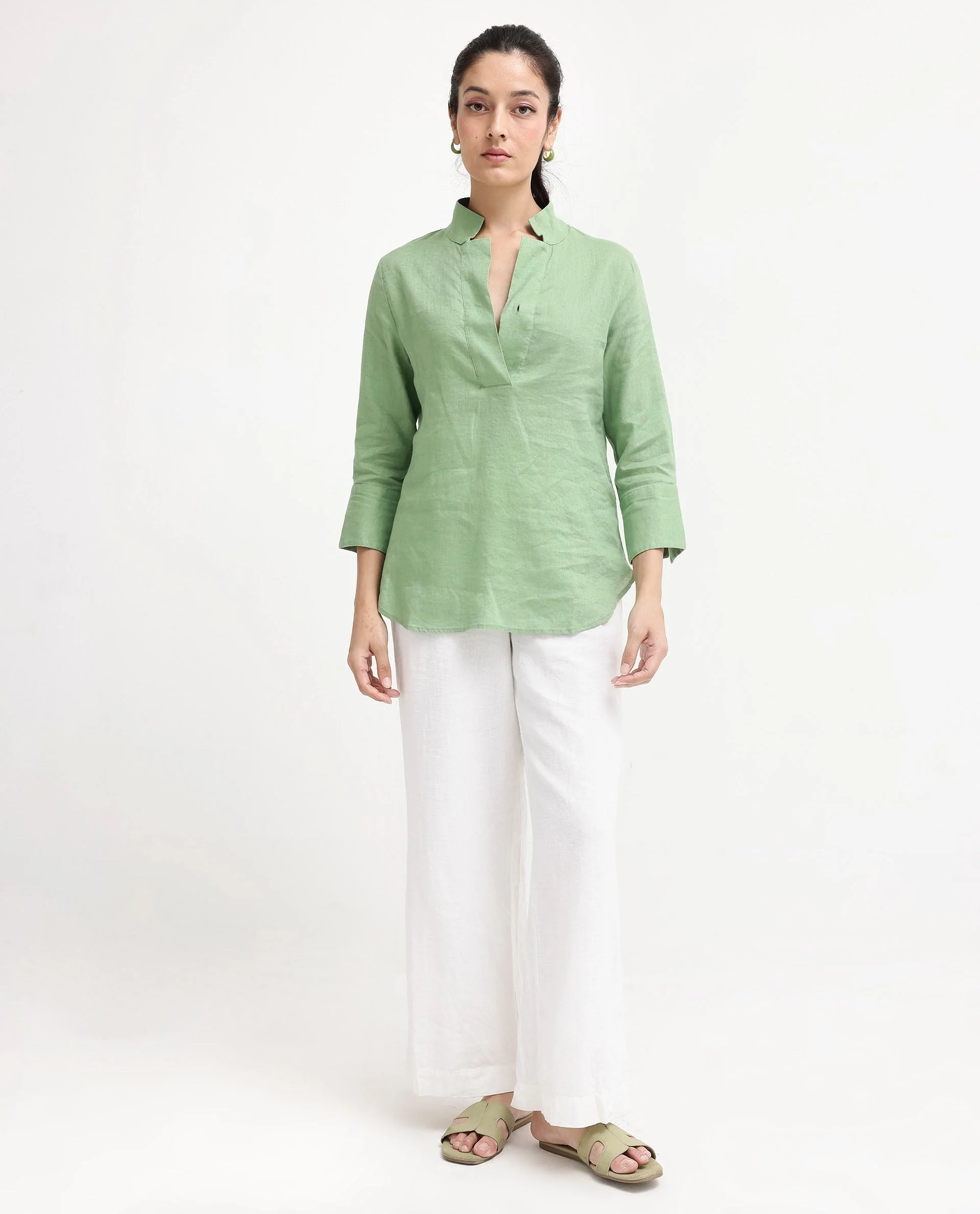 Rareism Women's Laos Pastel Green Cotton Blend V-Neck Plain Regular Fit Top - Image 8