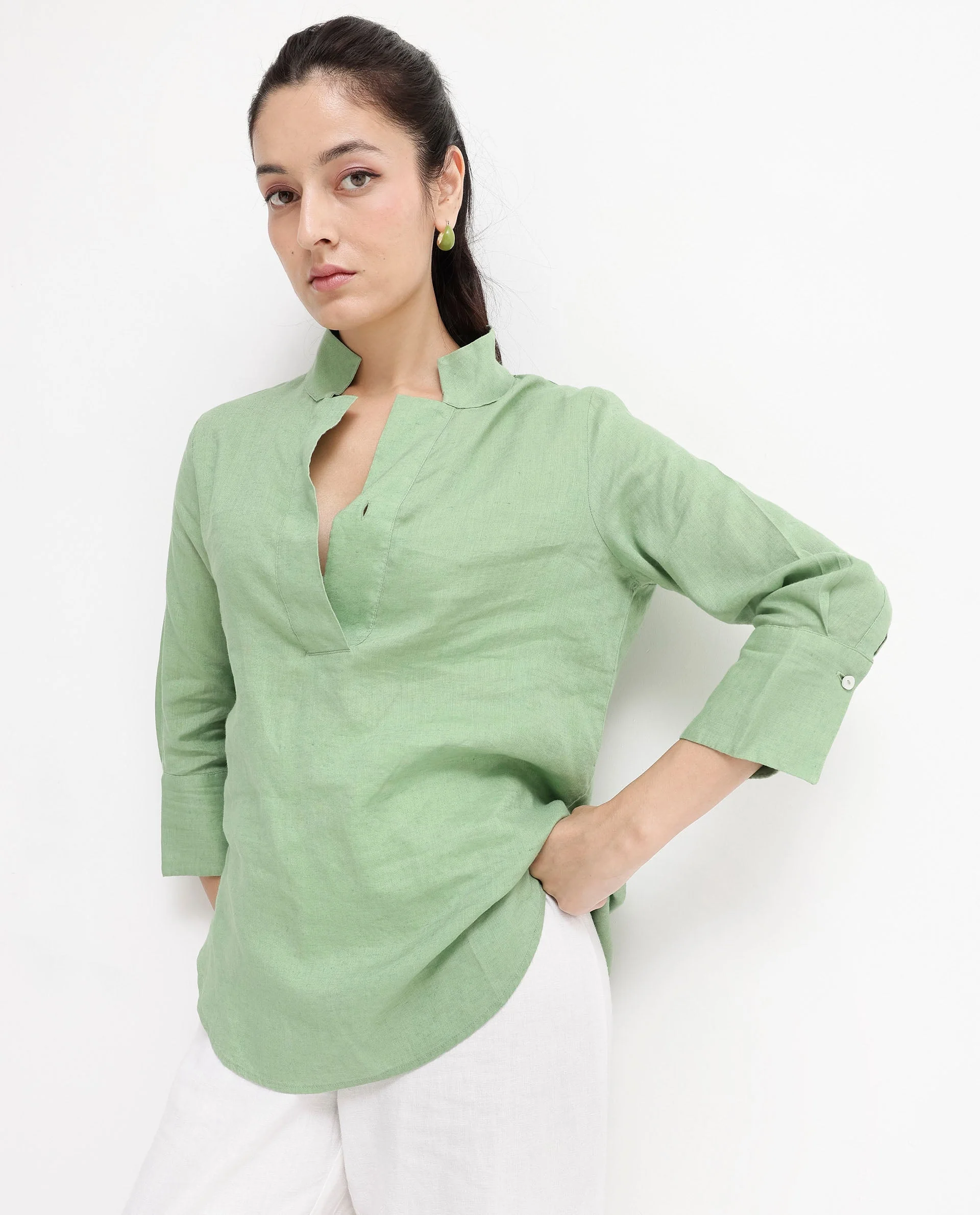 Rareism Women's Laos Pastel Green Cotton Blend V-Neck Plain Regular Fit Top - Image 9