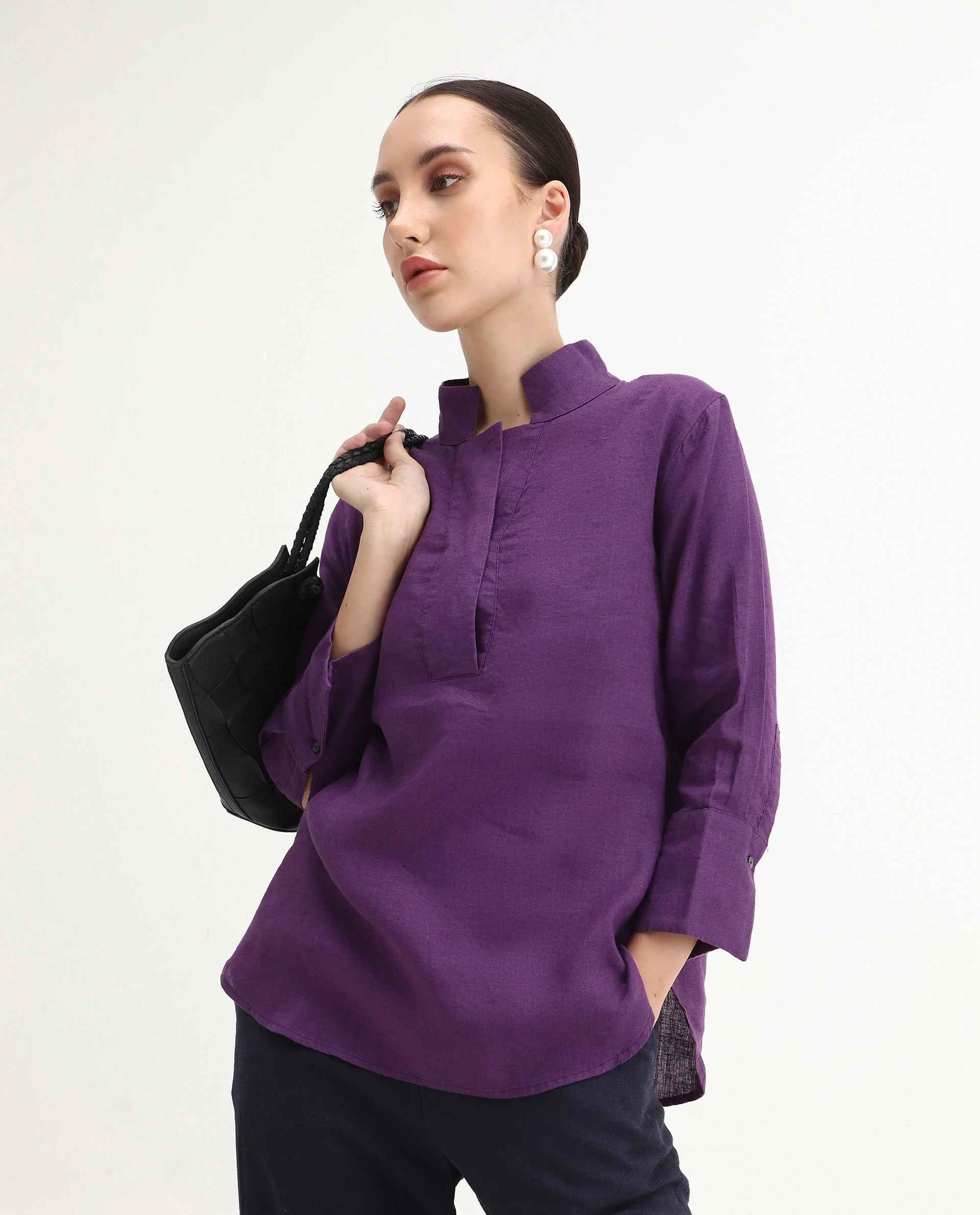 Rareism Women's Laos Purple Cotton Blend V-Neck Plain Regular Fit Top