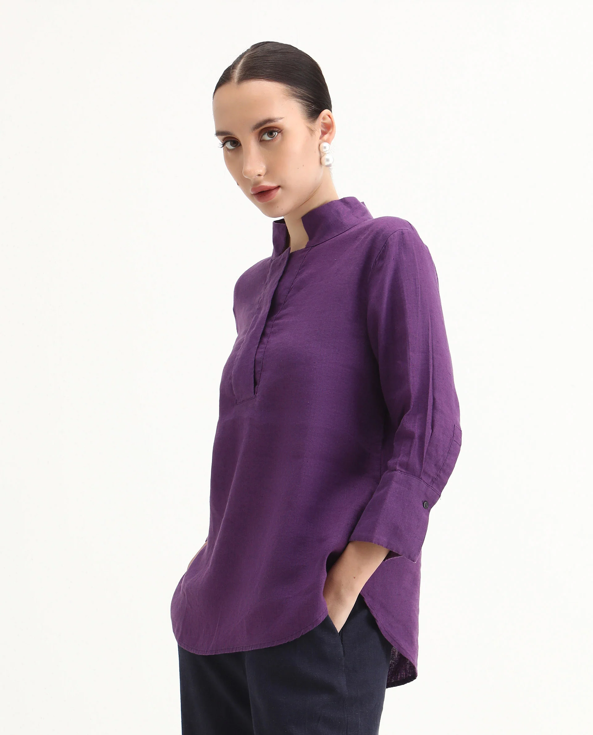 Rareism Women's Laos Purple Cotton Blend V-Neck Plain Regular Fit Top - Image 6