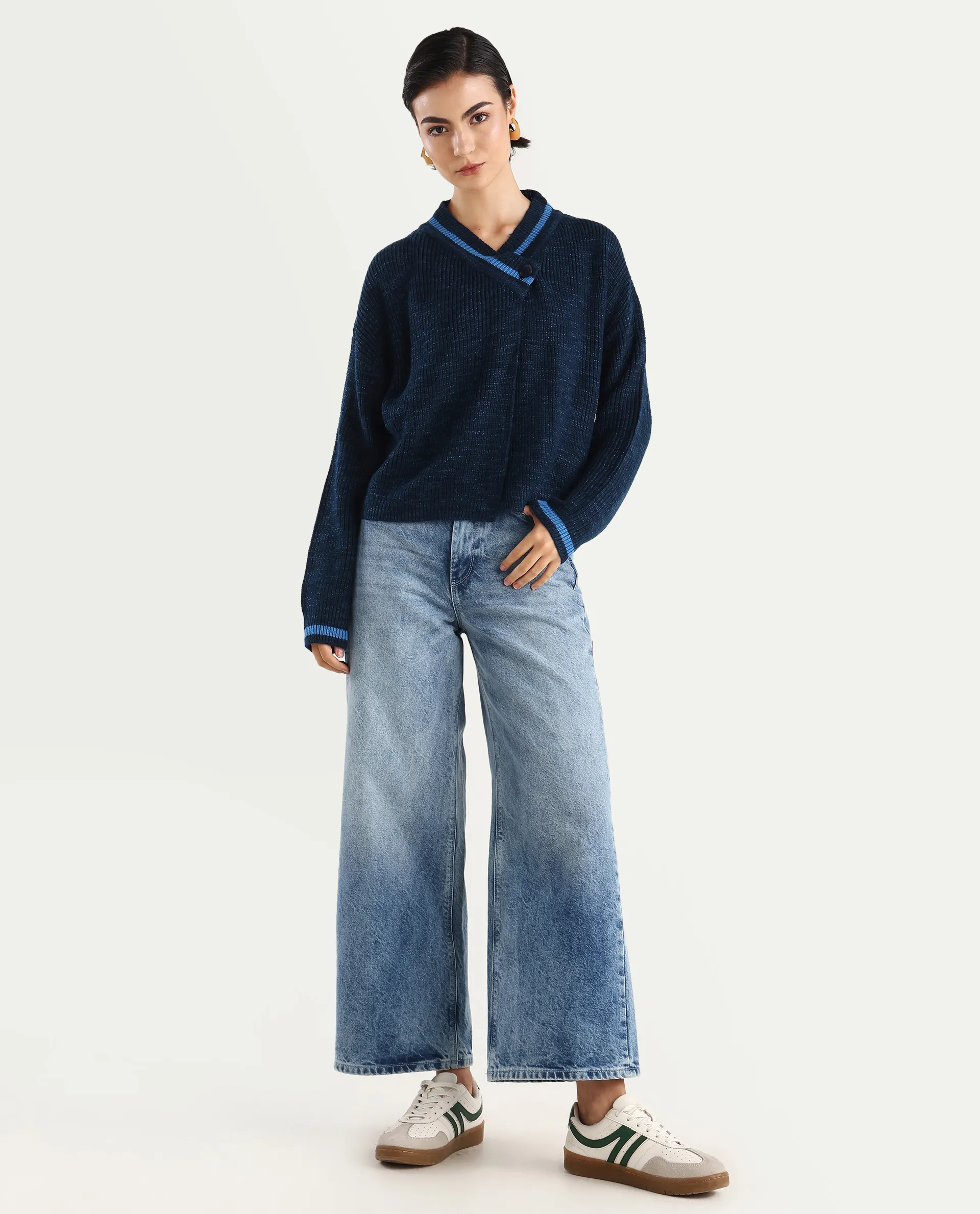 Rareism Women's Lapez Navy Overlap Neck Plain Relaxed Fit Shrug - Image 2