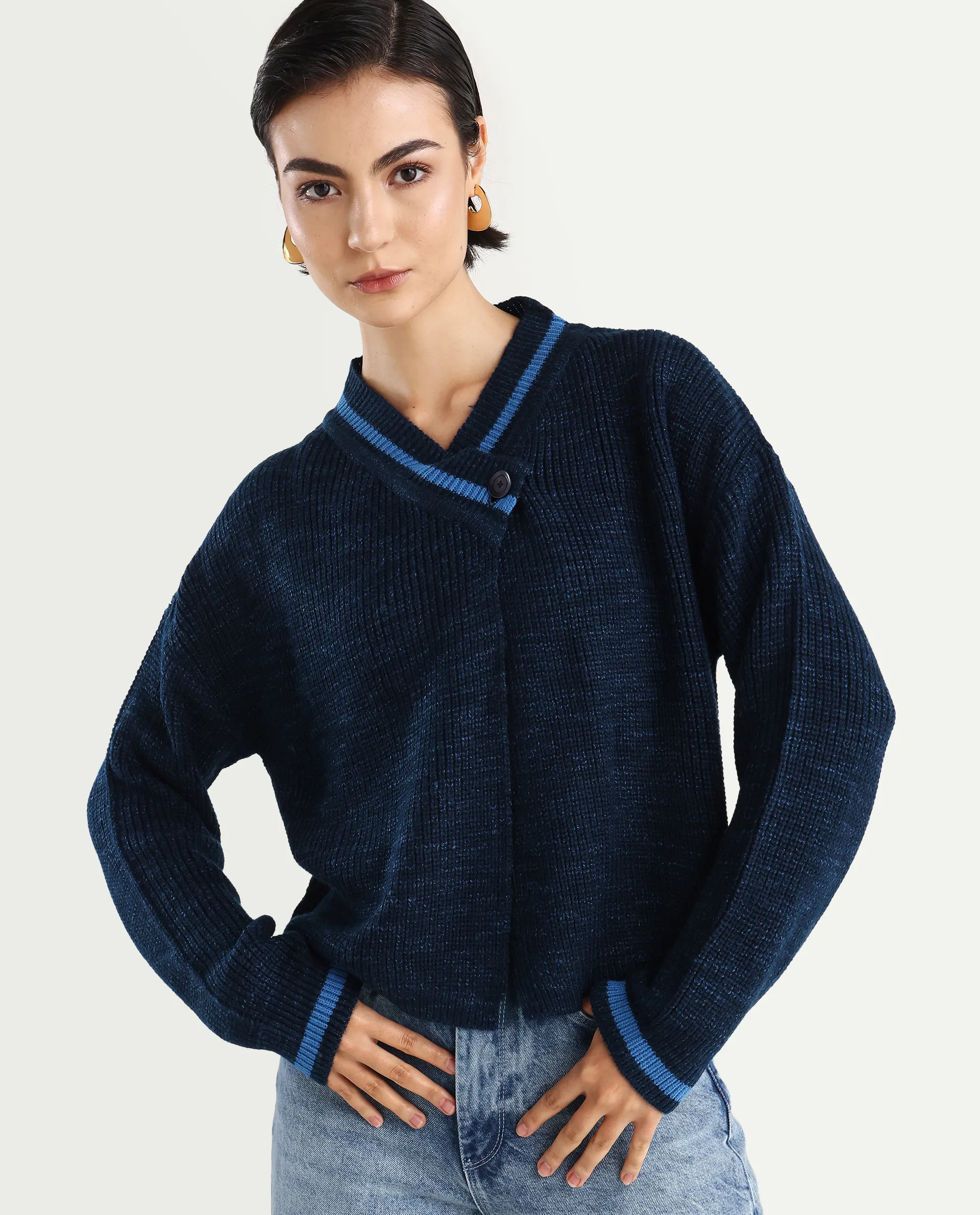 Rareism Women's Lapez Navy Overlap Neck Plain Relaxed Fit Shrug - Image 3