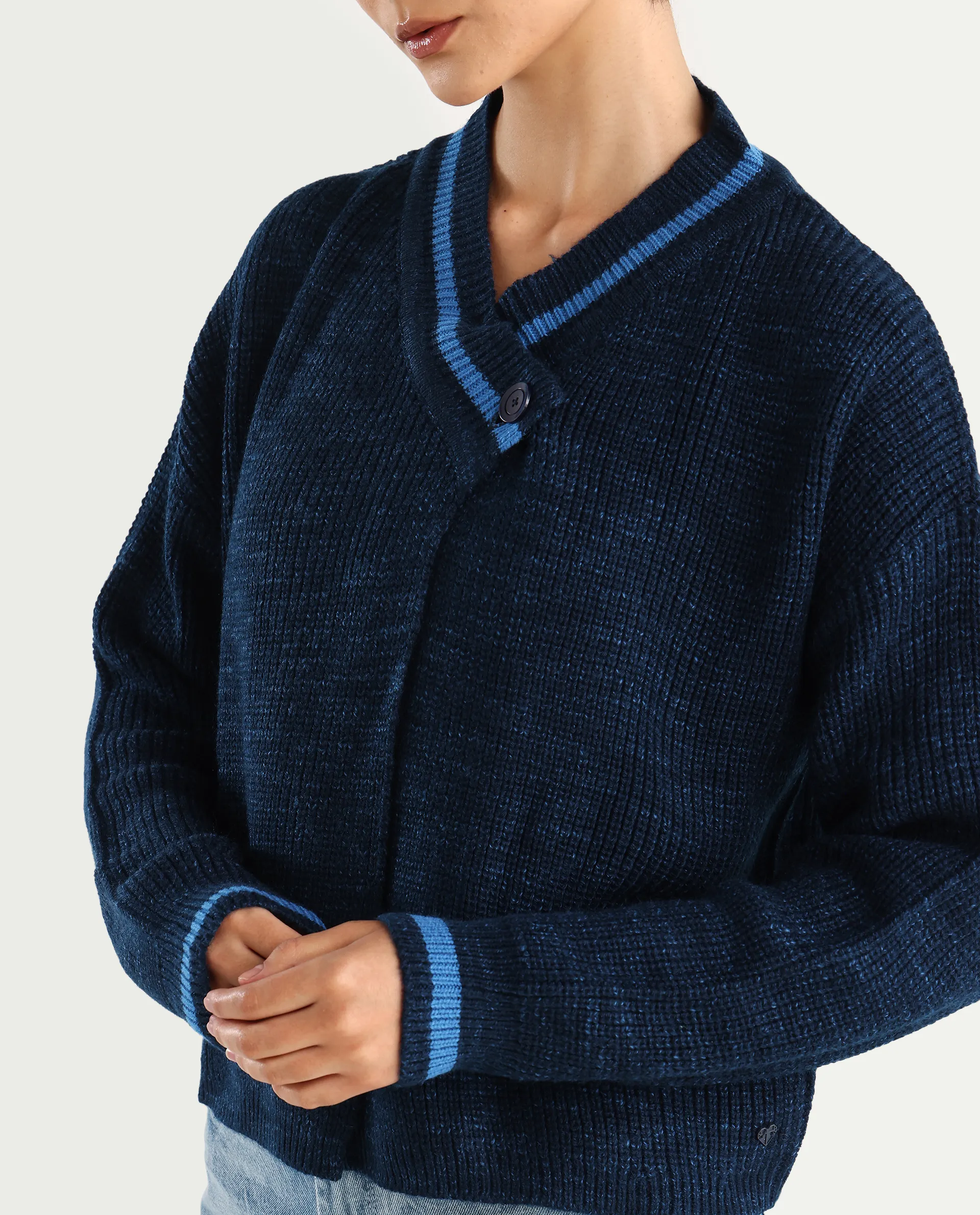 Rareism Women's Lapez Navy Overlap Neck Plain Relaxed Fit Shrug - Image 5