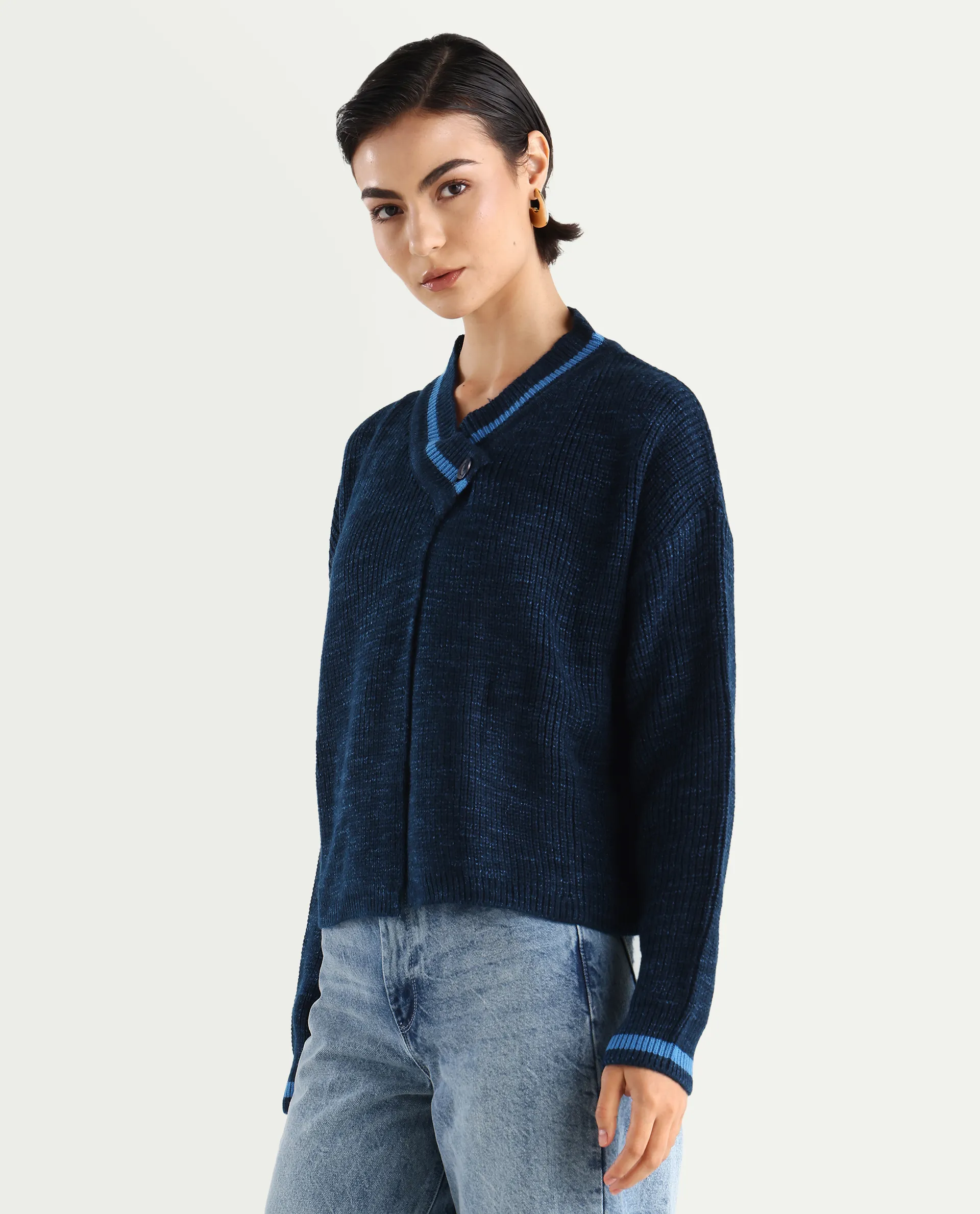 Rareism Women's Lapez Navy Overlap Neck Plain Relaxed Fit Shrug - Image 6