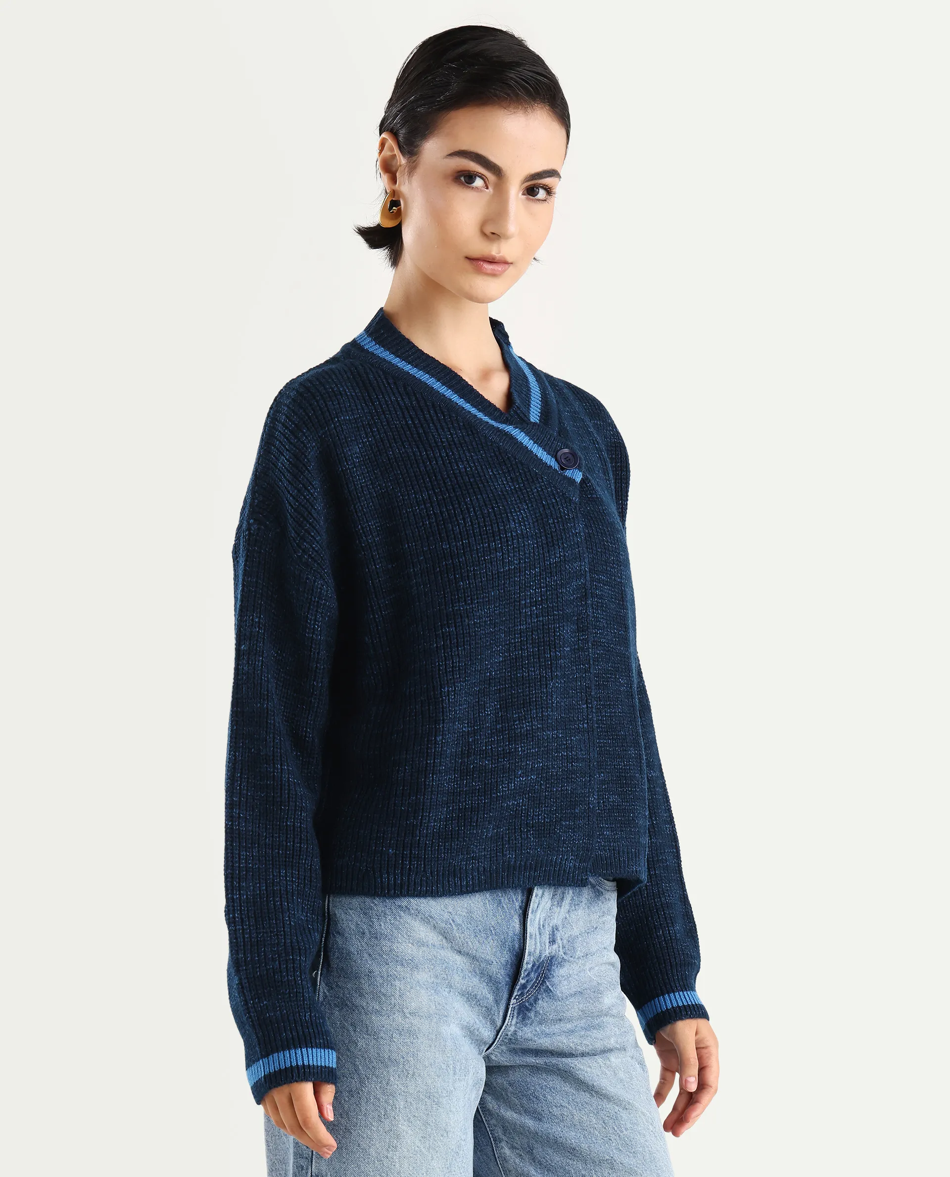 Rareism Women's Lapez Navy Overlap Neck Plain Relaxed Fit Shrug - Image 7