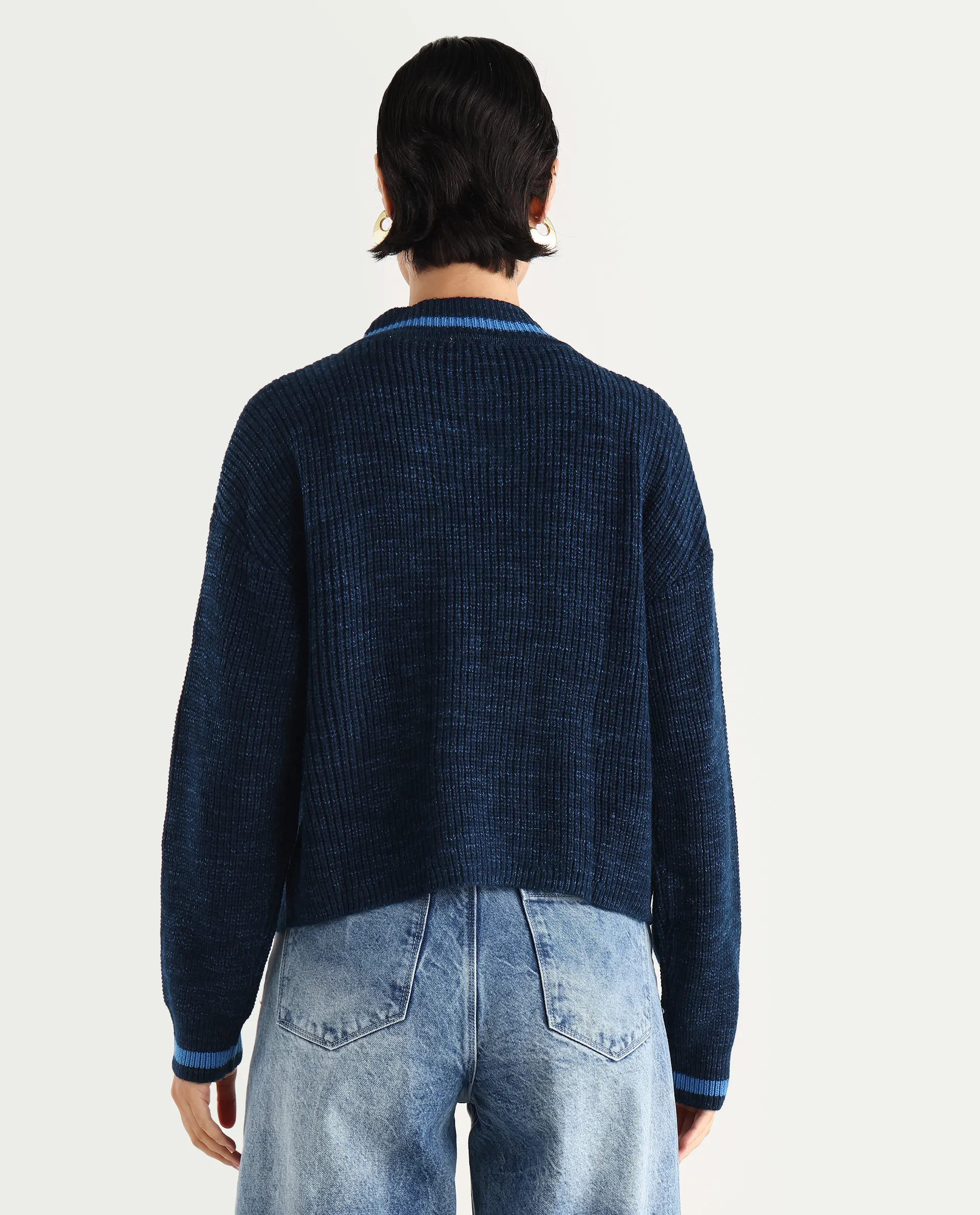 Rareism Women's Lapez Navy Overlap Neck Plain Relaxed Fit Shrug - Image 8