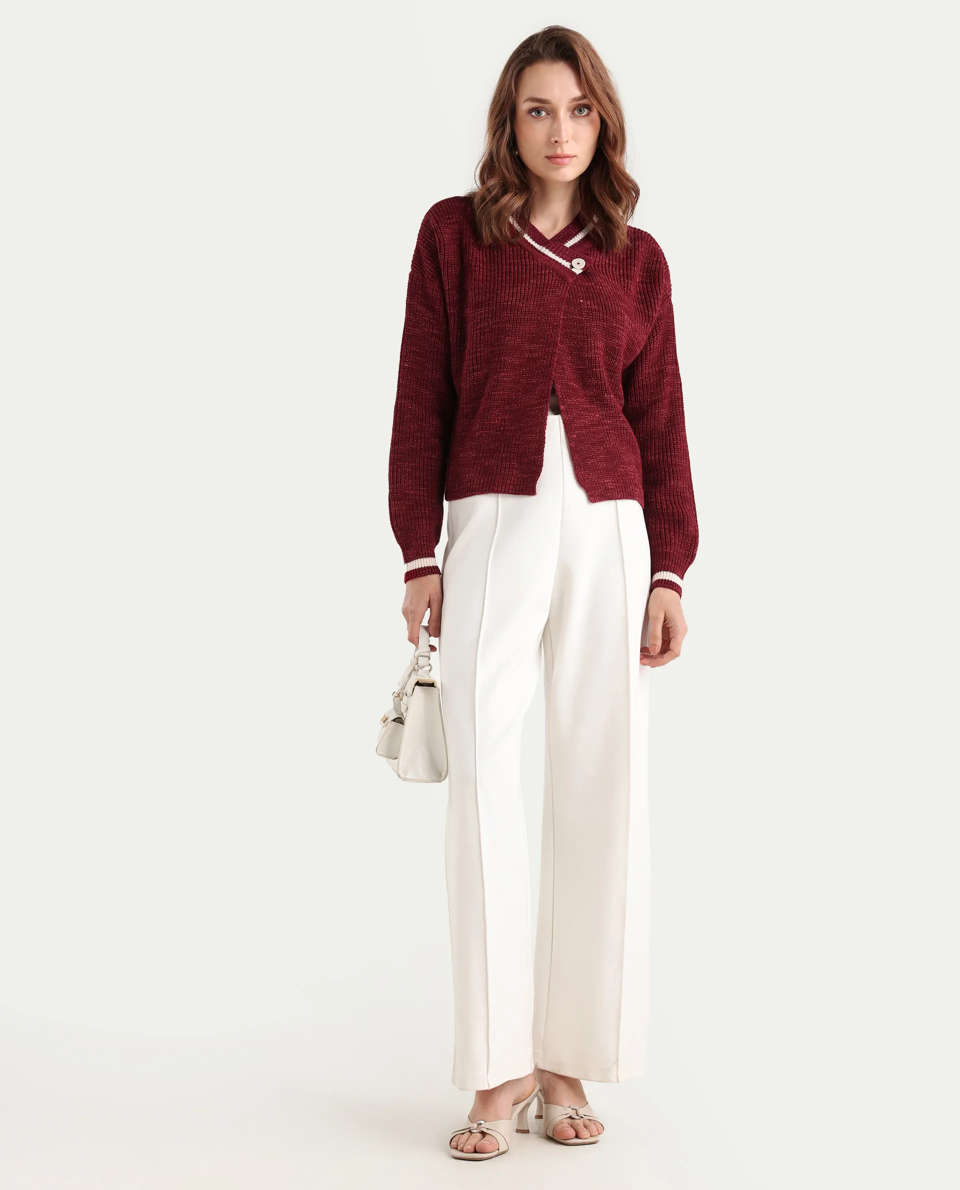 Rareism Women's Lapez Red Overlap Neck Plain Relaxed Fit Shrug - Image 2