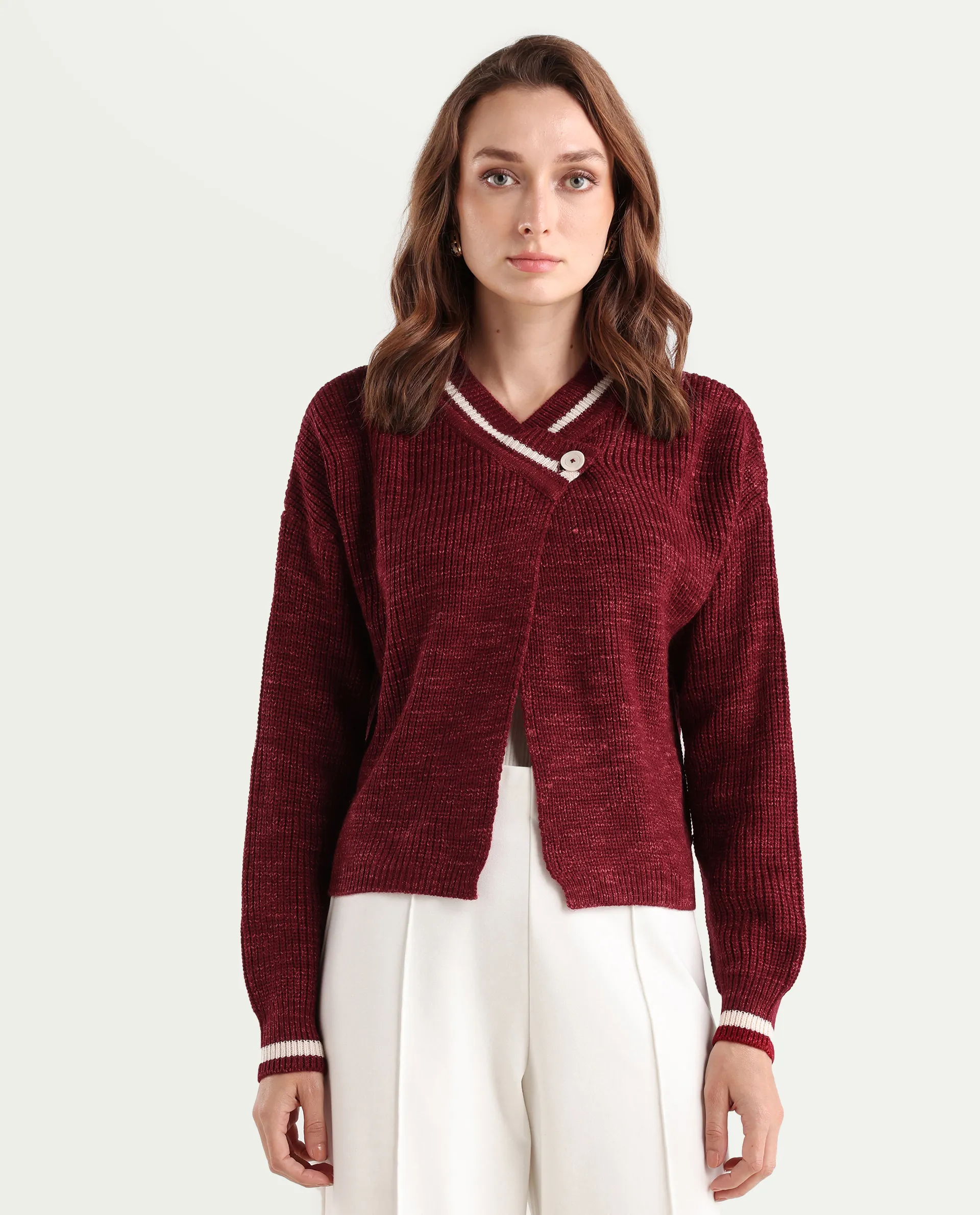 Rareism Women's Lapez Red Overlap Neck Plain Relaxed Fit Shrug - Image 3