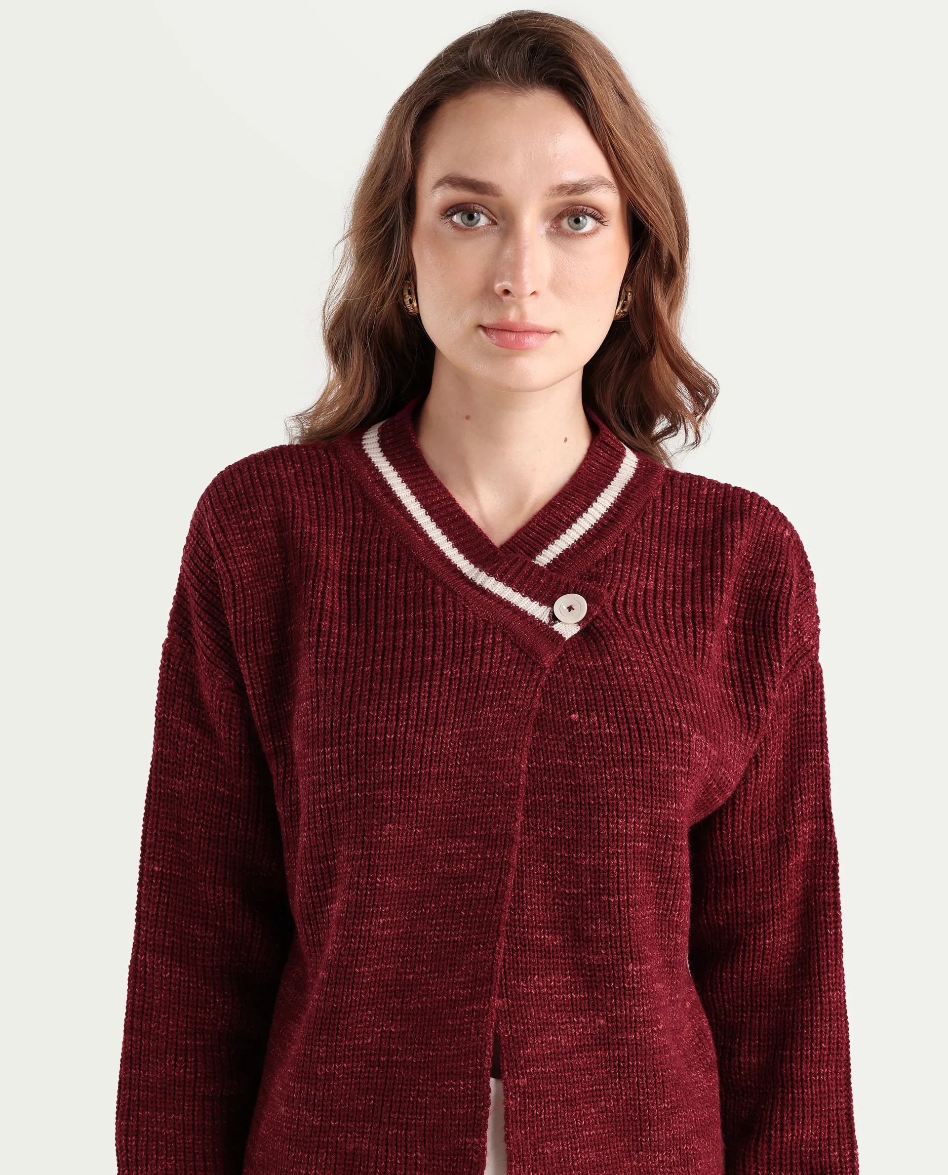 Rareism Women's Lapez Red Overlap Neck Plain Relaxed Fit Shrug - Image 4