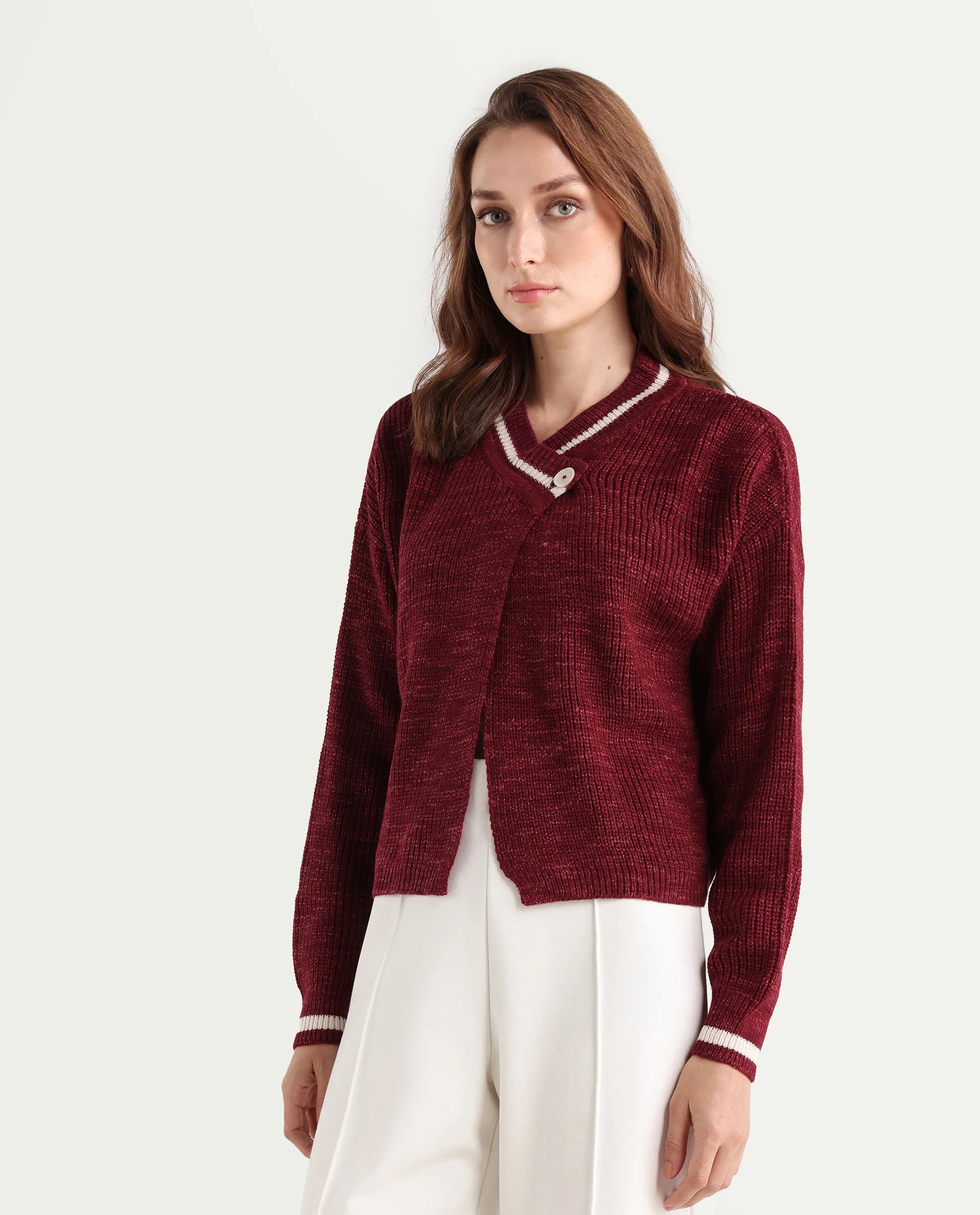 Rareism Women's Lapez Red Overlap Neck Plain Relaxed Fit Shrug - Image 6