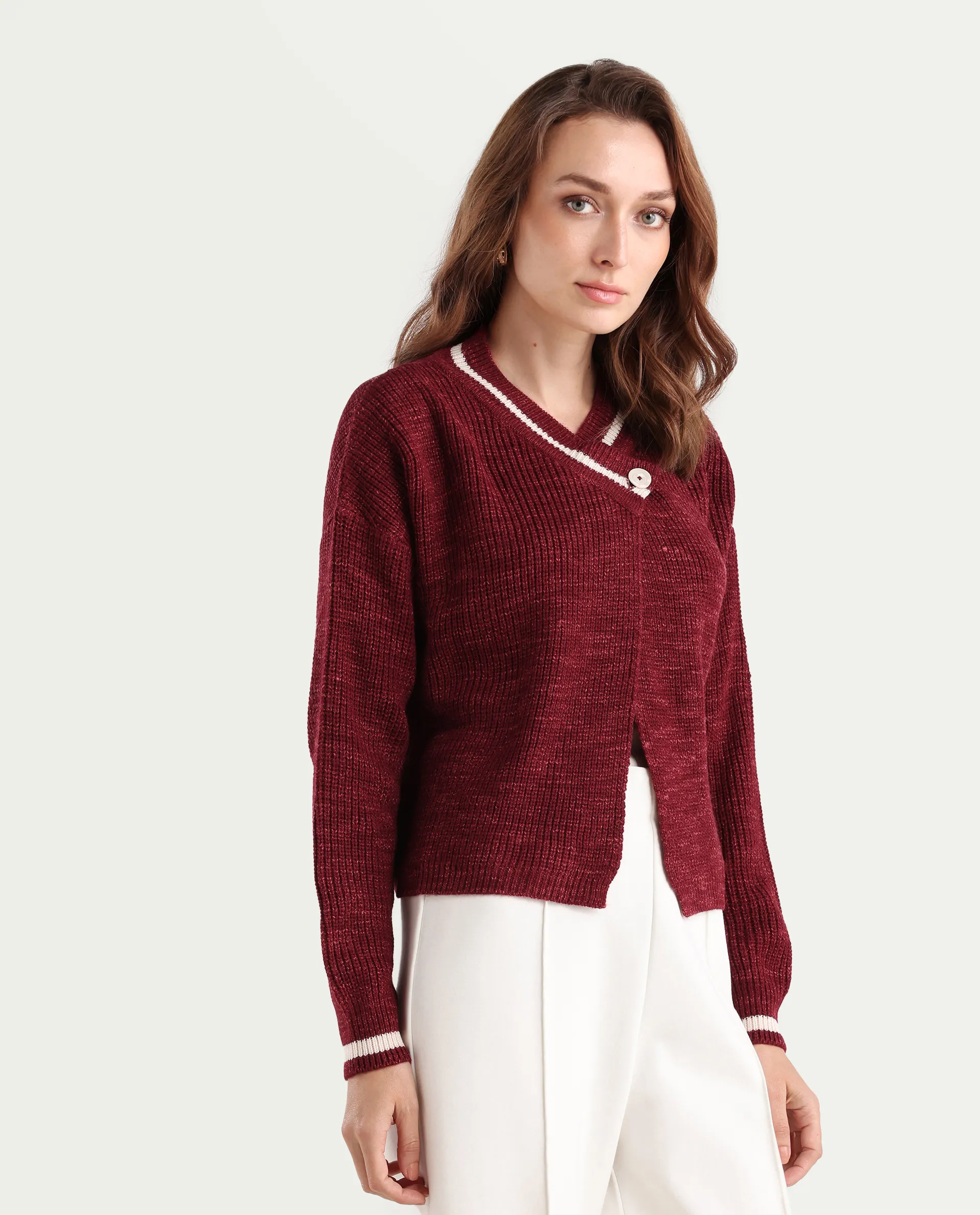 Rareism Women's Lapez Red Overlap Neck Plain Relaxed Fit Shrug - Image 7