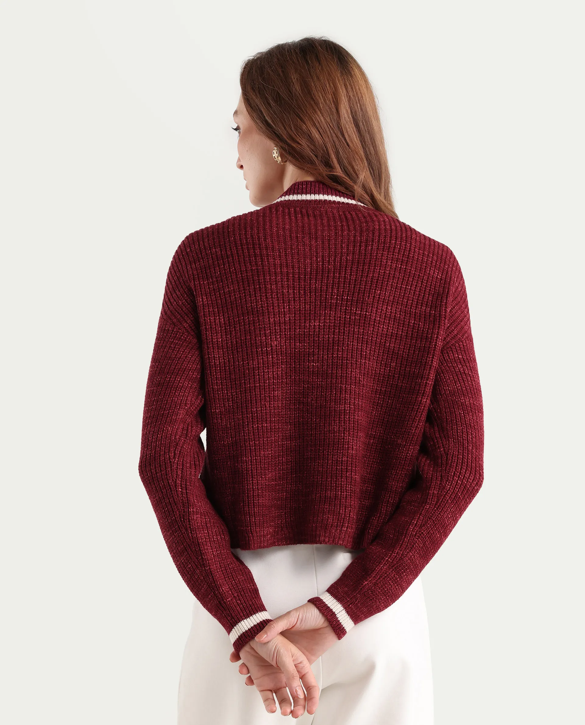 Rareism Women's Lapez Red Overlap Neck Plain Relaxed Fit Shrug - Image 8