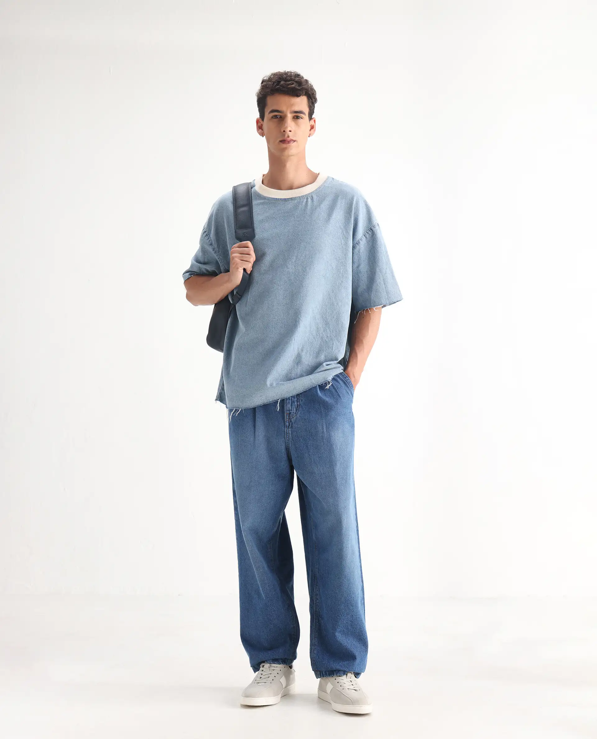 Rare Rabbit Men's Lar Blue Cotton Plain Baggy Fit Jeans