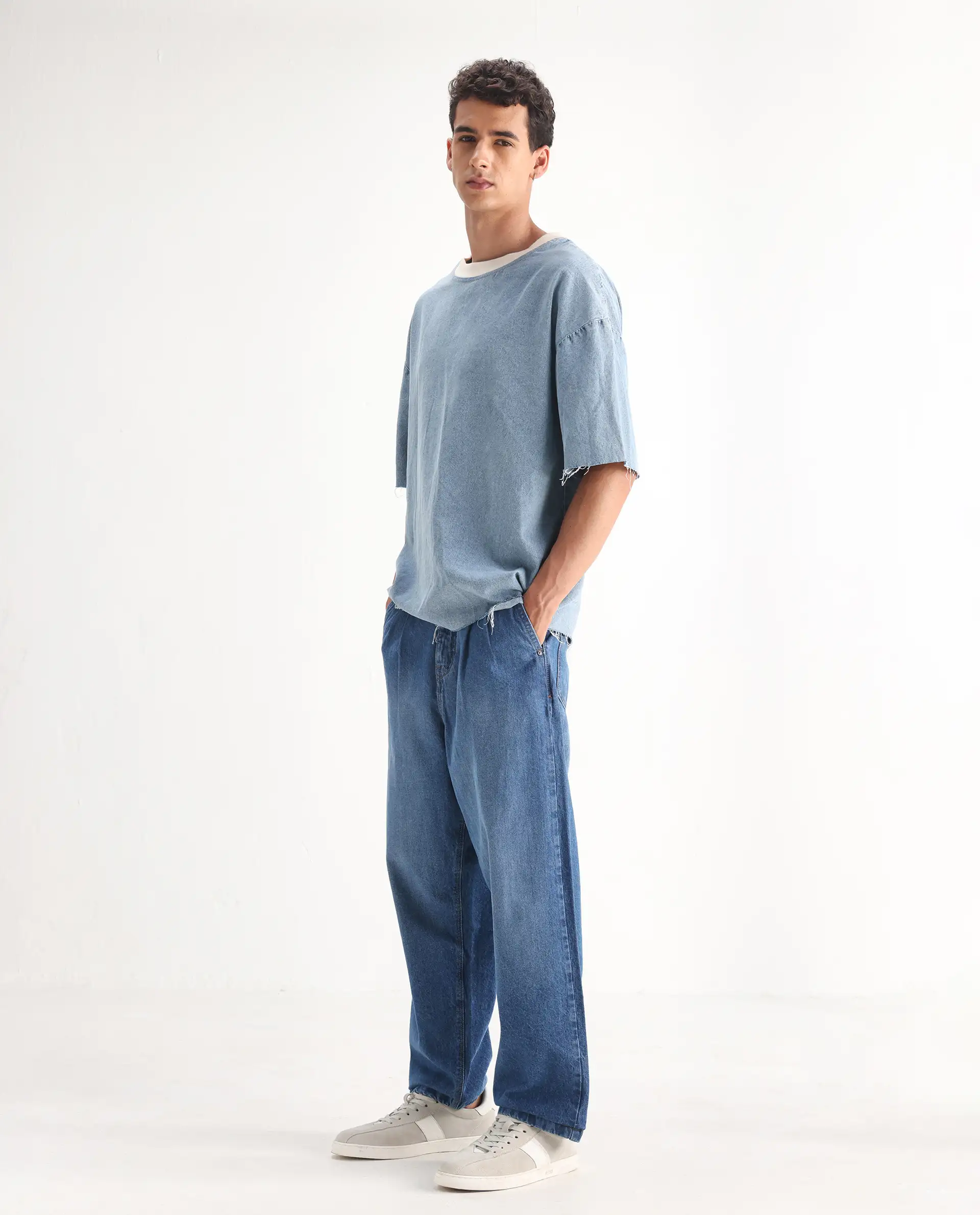 Rare Rabbit Men's Lar Blue Cotton Plain Baggy Fit Jeans - Image 3