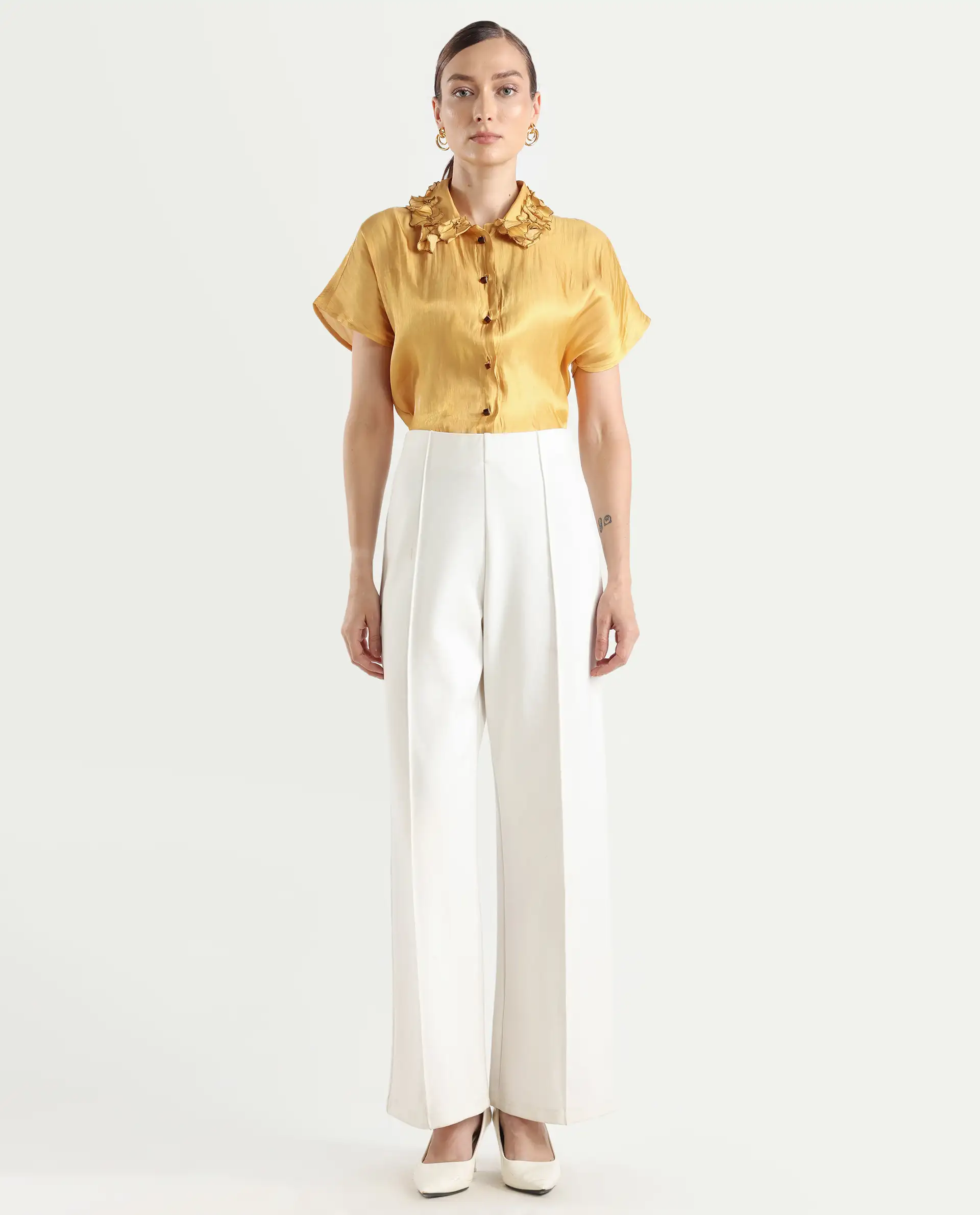 Rareism Women's Larfa Yellow Polyester Drop Collar Plain Boxy Fit Shirt - Image 2