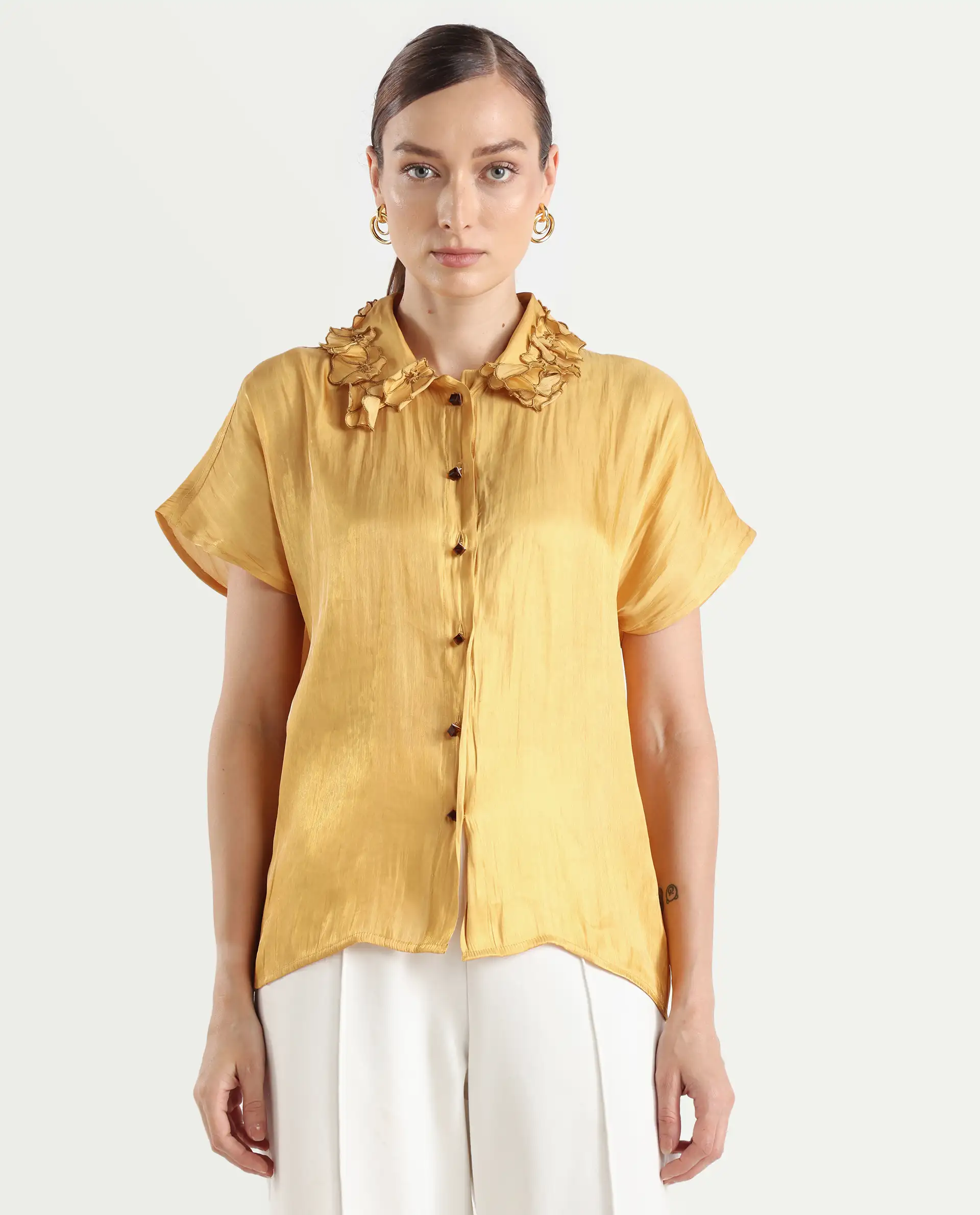Rareism Women's Larfa Yellow Polyester Drop Collar Plain Boxy Fit Shirt - Image 3