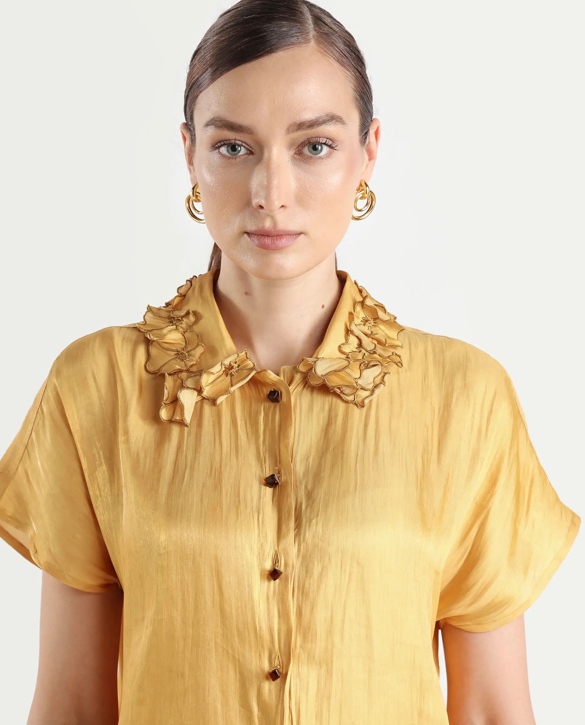 Rareism Women's Larfa Yellow Polyester Drop Collar Plain Boxy Fit Shirt - Image 4